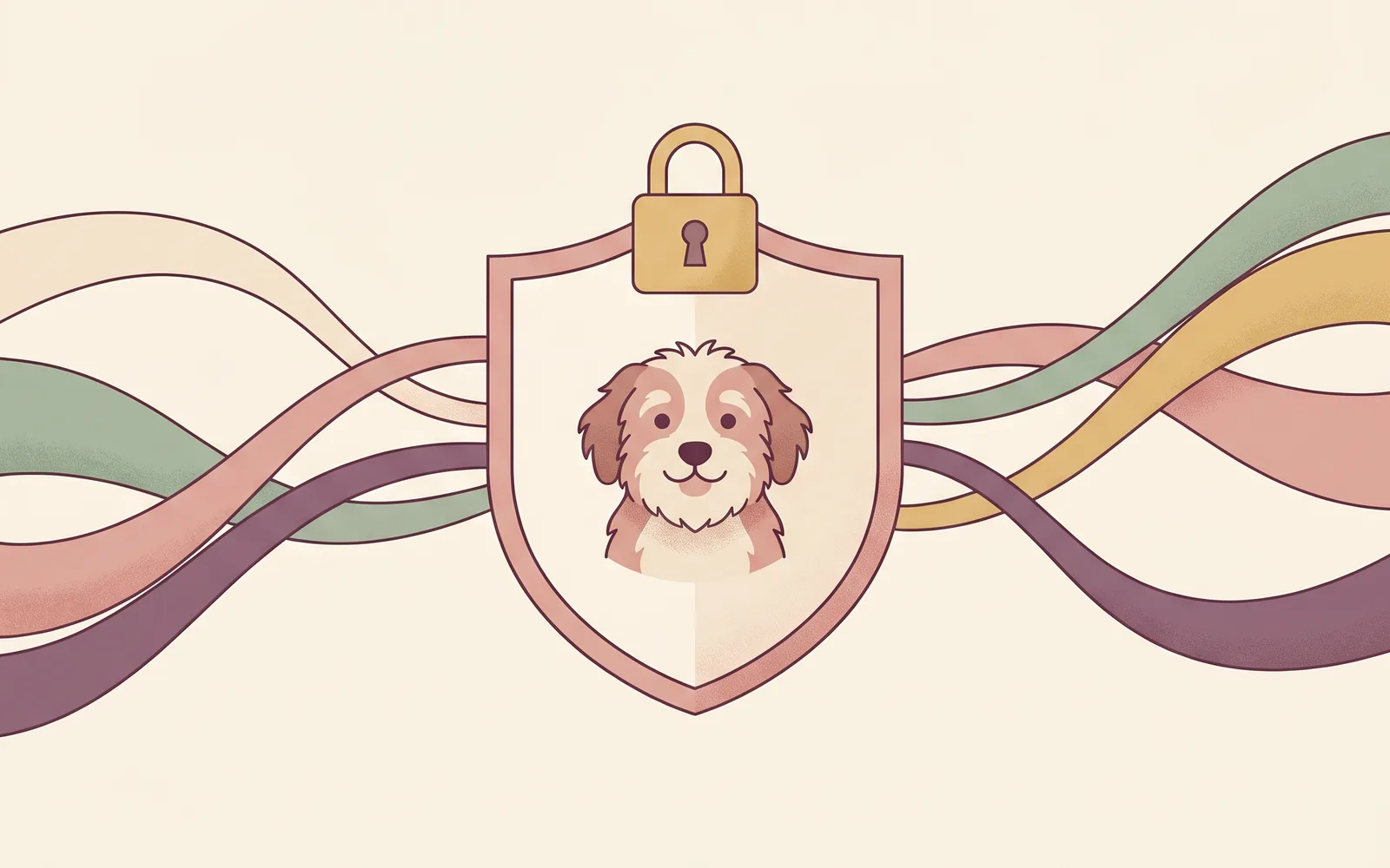 Editorial-Illustration: Schild mit Tierportrait, Vorhängeschloss und EU-Sternen — Sinnbild für DSGVO-konforme Verarbeitung von KI-Tierfotos.