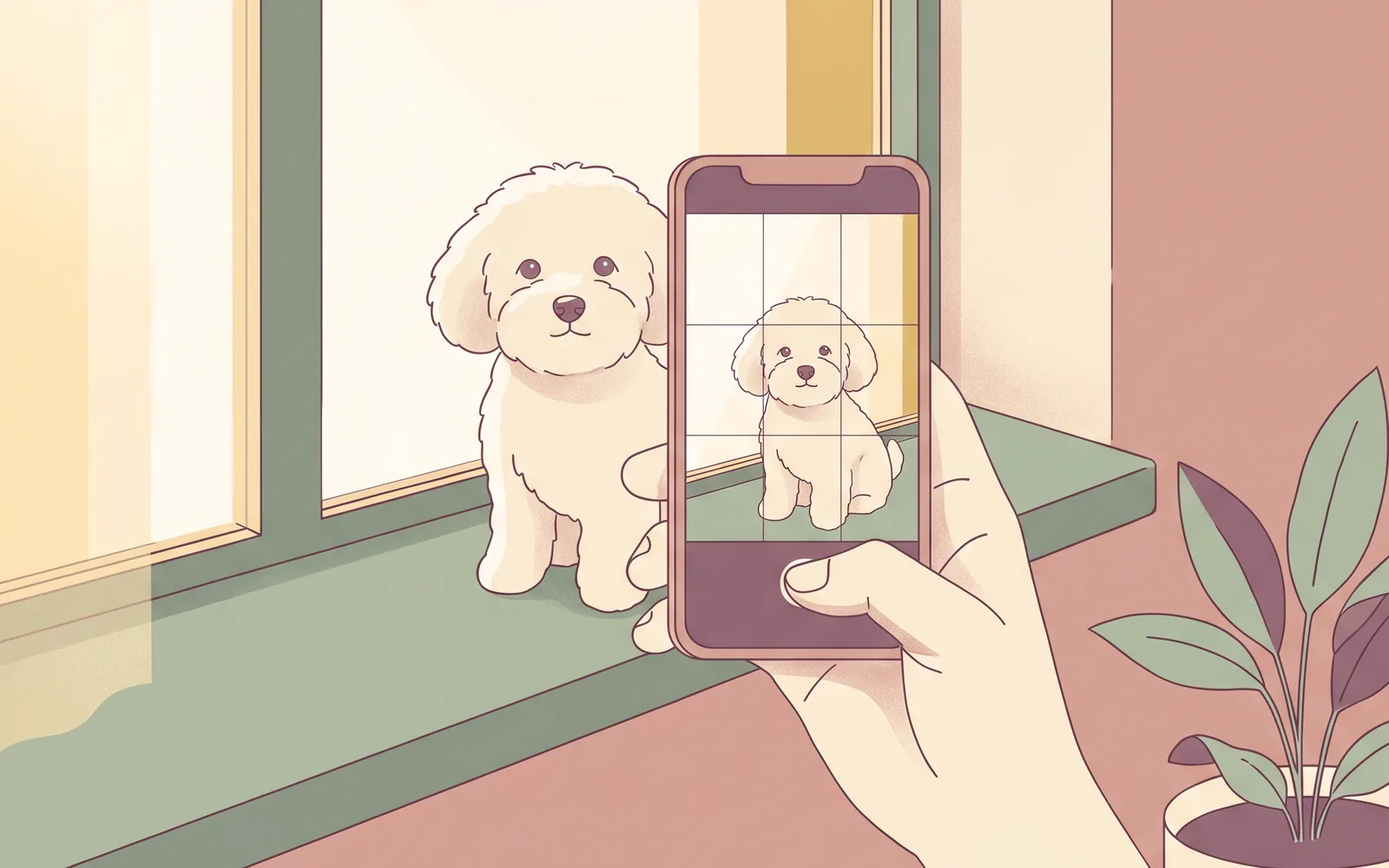 Editorial-Illustration: Hand mit Smartphone fotografiert einen kleinen Hund auf Augenhöhe — Vorbereitung des perfekten Fotos für ein KI-Tierportrait.