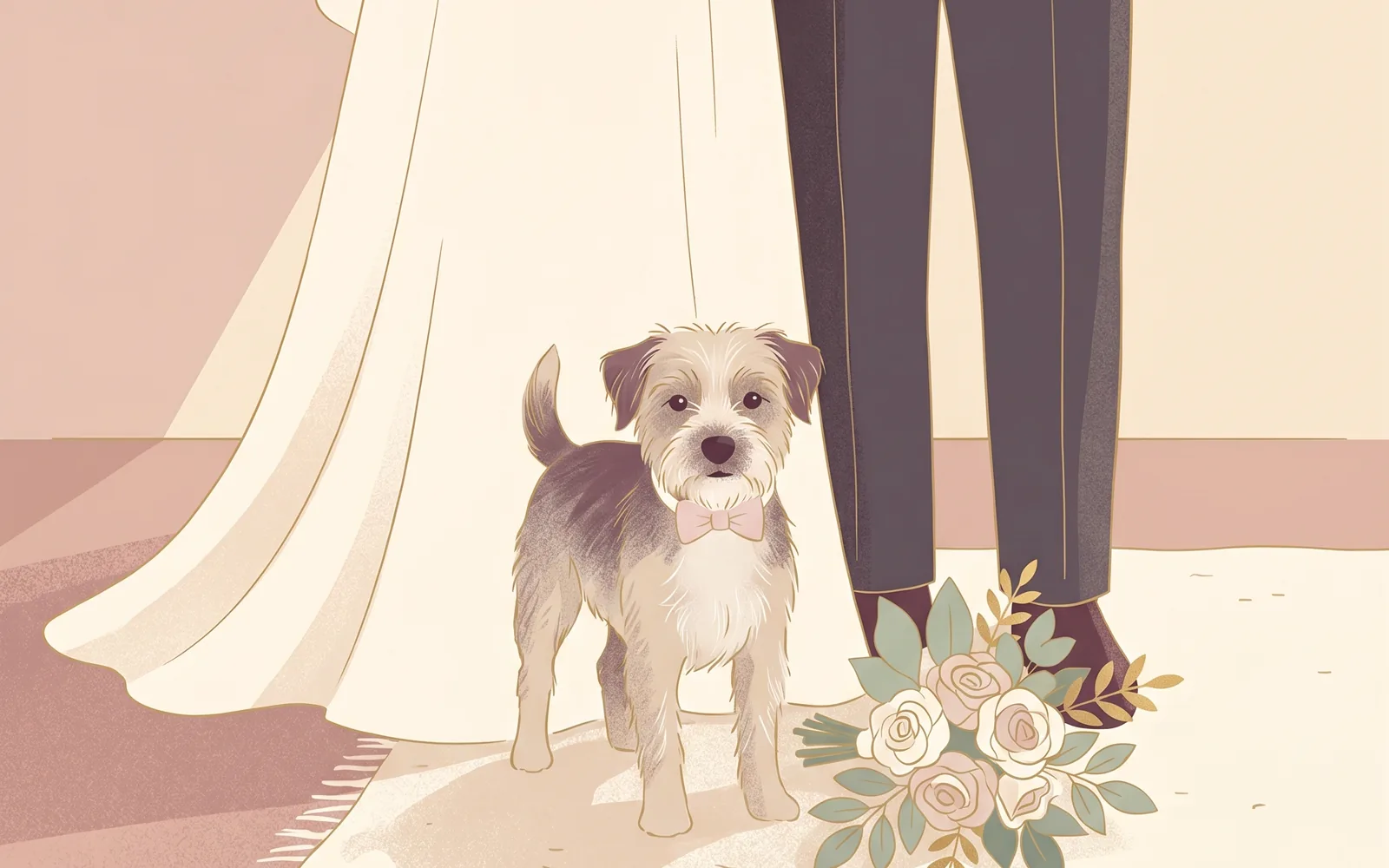 Editorial-Illustration: kleiner Hund mit Fliege zwischen Braut und Bräutigam — Tierportrait als Hochzeitsgeschenk für Hundebesitzer.