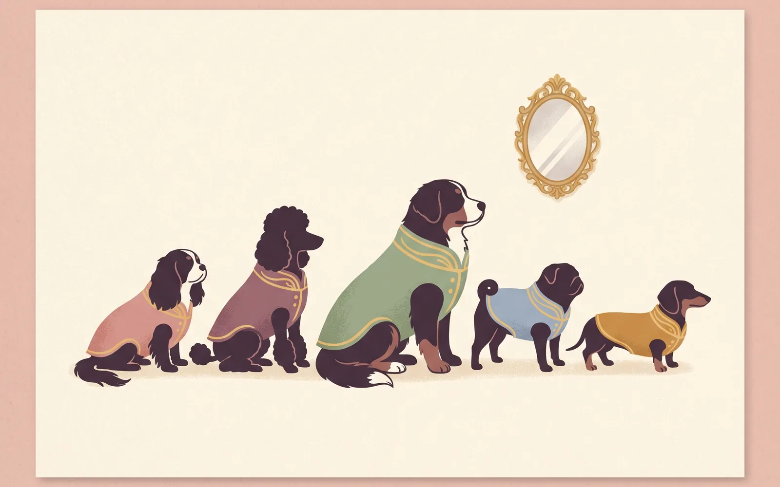 Editorial-Illustration: fünf verschiedene Hunderassen in barocken Hofmänteln in einer Parade — welche Rassen eignen sich am besten für ein Barock-Portrait.
