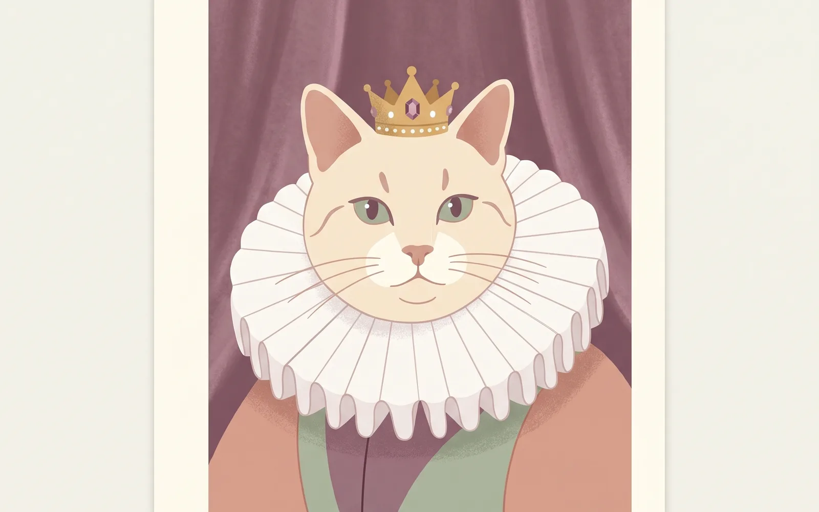 Editorial-Illustration: stilisiertes Katzenportrait mit großer weißer Halskrause und kleiner Goldkrone — Sinnbild für die Katze als Königin im elisabethanischen Stil.