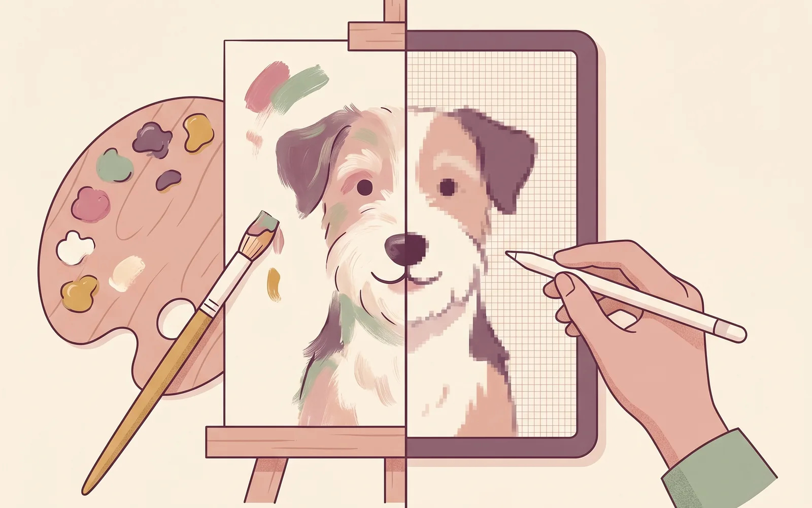 Editorial-Illustration: geteilte Szene mit Ölpalette und Pinsel links, Tablet mit Stift rechts — Vergleich KI-Tierportrait gegen handgemaltes Ölgemälde.