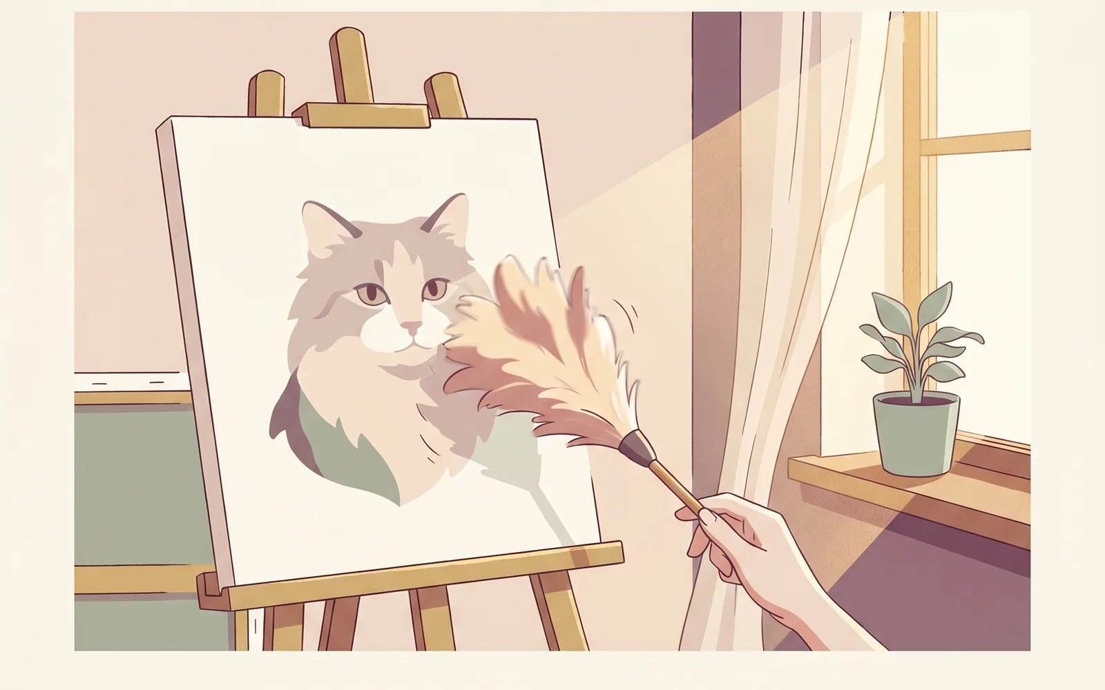 Editorial-Illustration: Tierportrait auf Leinwand-Staffelei mit weichem Federwedel und Sonnenlicht — Pflege und Konservierung eines Leinwand-Portraits.