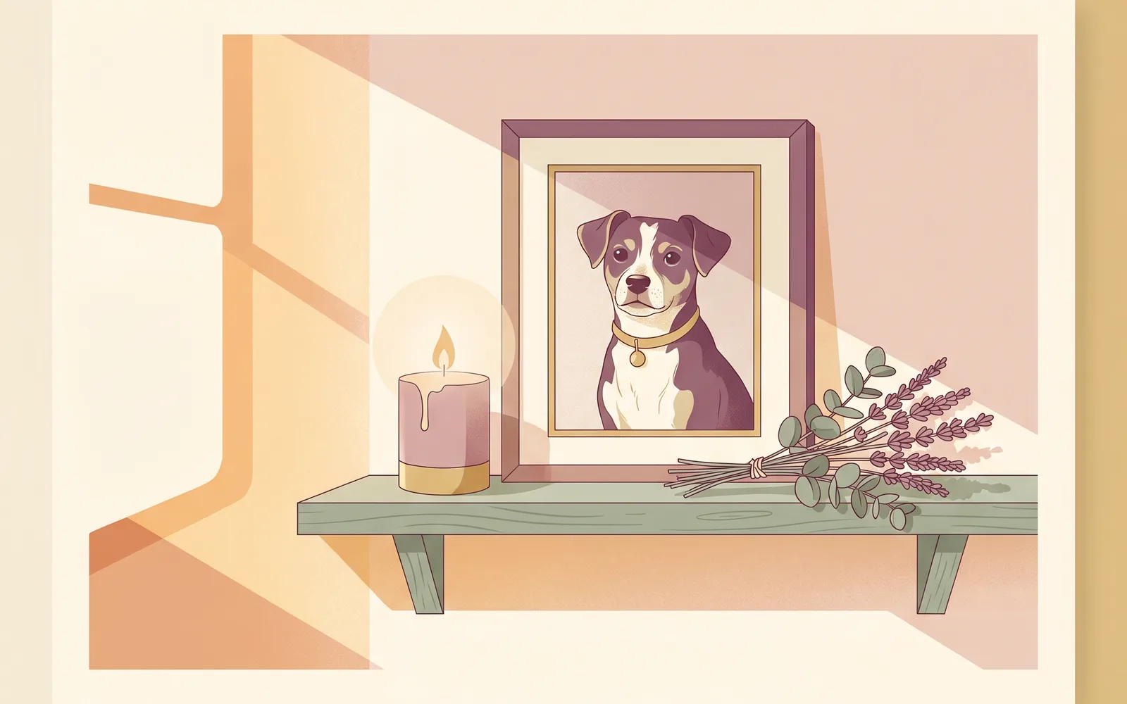 Editorial-Illustration: gerahmtes Hundeportrait auf einem Holzregal mit Kerze und Lavendel — Memorial-Tierportrait als würdevolle Erinnerung.