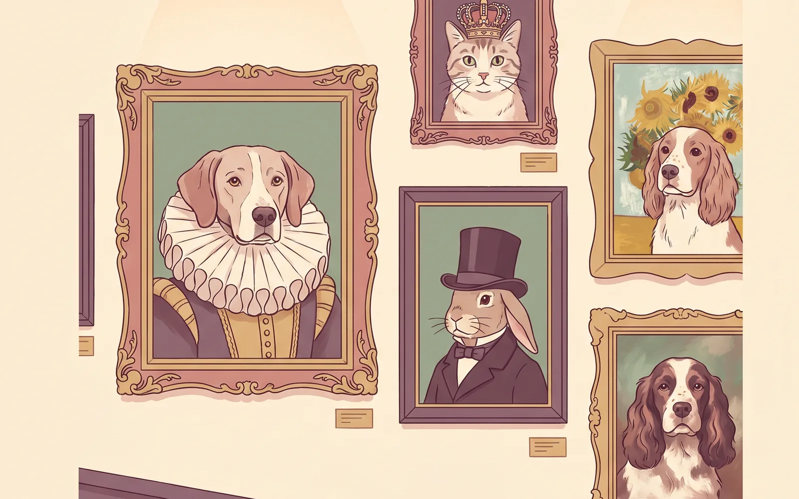 Editorial-Illustration: Galeriewand mit fünf Tierportraits aus verschiedenen Epochen — historische Übersicht der Royal Pet Portraits.