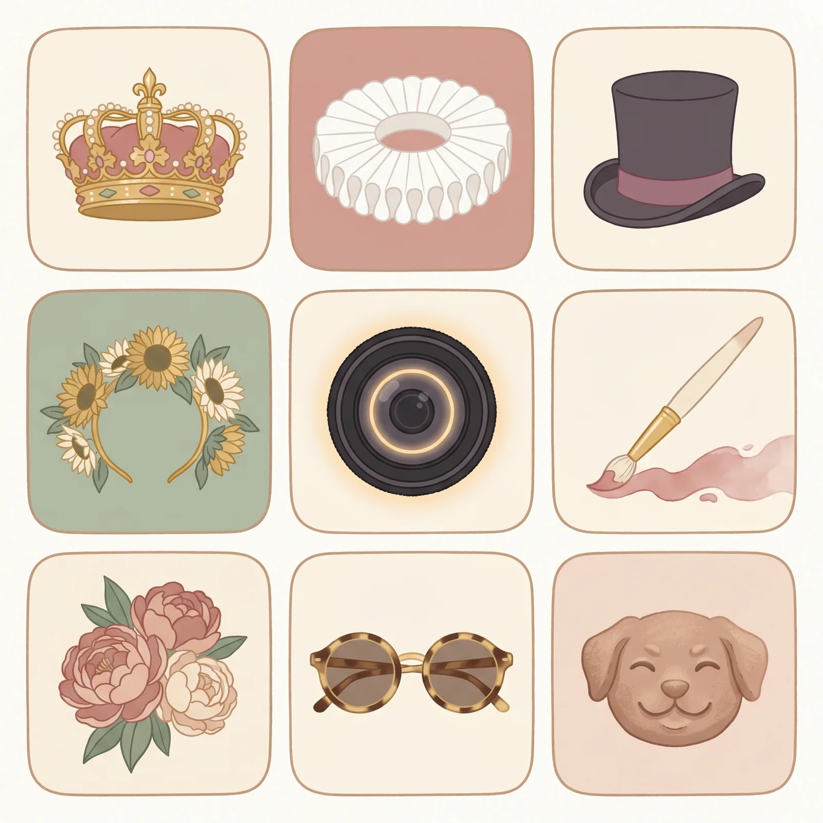 Editorial-Illustration: 3x3-Raster mit Stil-Accessoires — Krone, Halskrause, Zylinder, Sonnenblume, Studio-Lichtkegel, Pinsel, Pfingstrosen, Sonnenbrille mit Vogue-Schriftzug, Knetfigur. Symbolisiert die zehn Stilrichtungen von pet person.