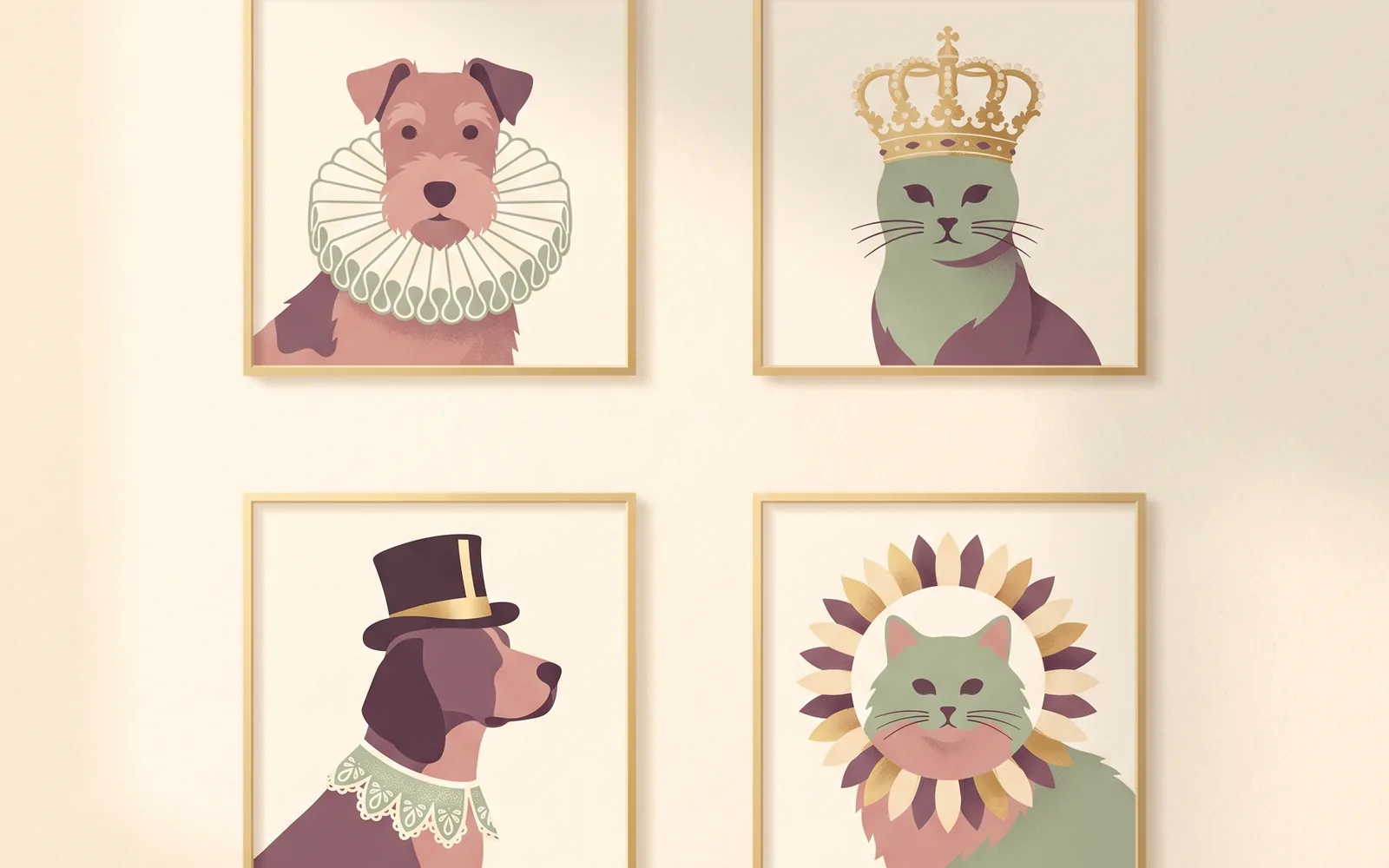 Editorial-Illustration: vier Tierportraits in 2x2-Anordnung mit unterschiedlichen historischen Accessoires — Vergleich der vier Stile Barock, Viktorianisch, Elisabethanisch und Impressionismus.