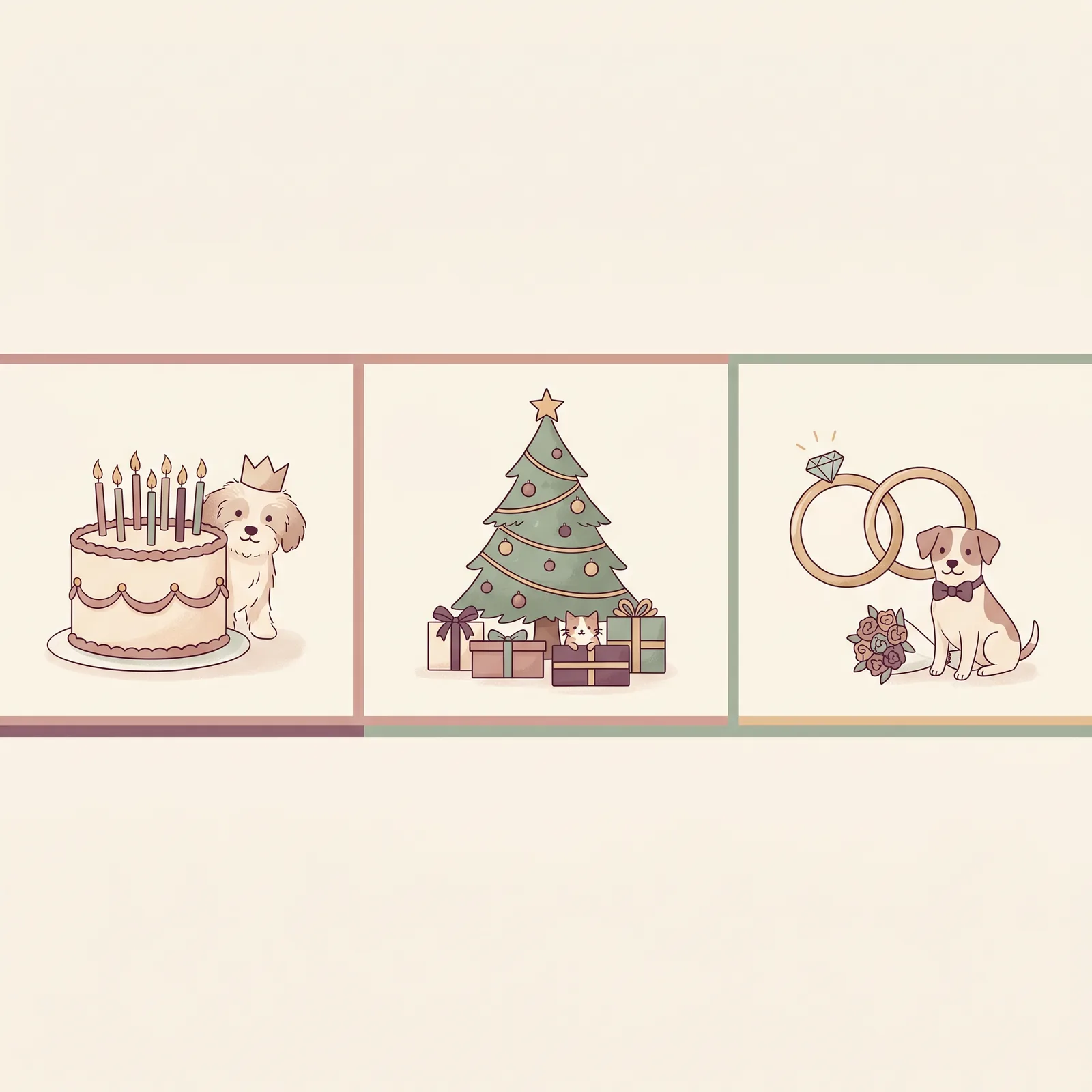 Editorial-Illustration: drei klassische Geschenkanlässe — Geburtstag, Weihnachten, Hochzeit — jeweils mit einem kleinen Tierportrait als Geschenk.