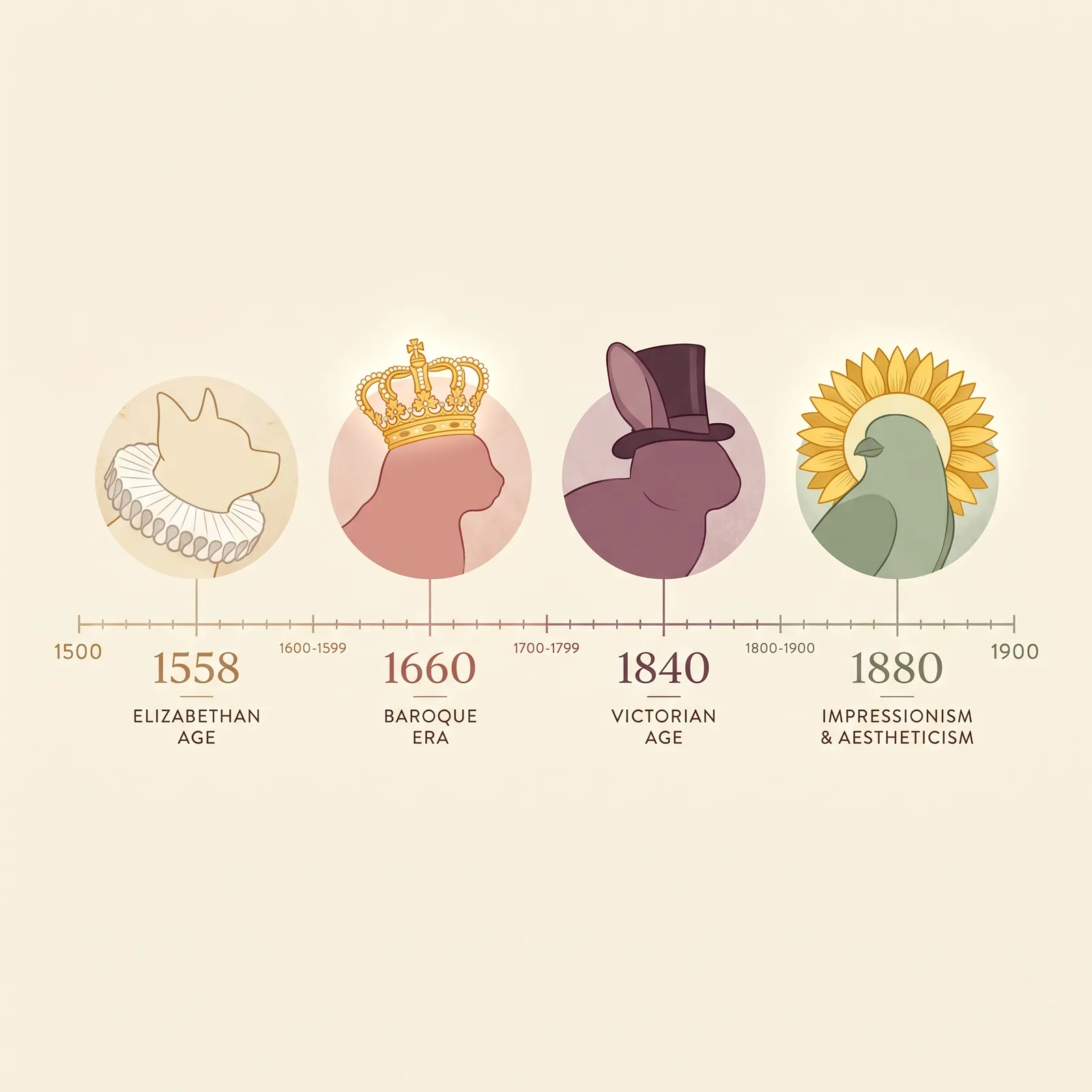 Editorial-Illustration: historische Zeitleiste 1500–1900 mit vier Tierportrait-Silhouetten in den Stilen Elisabethanisch, Barock, Viktorianisch und Impressionismus.