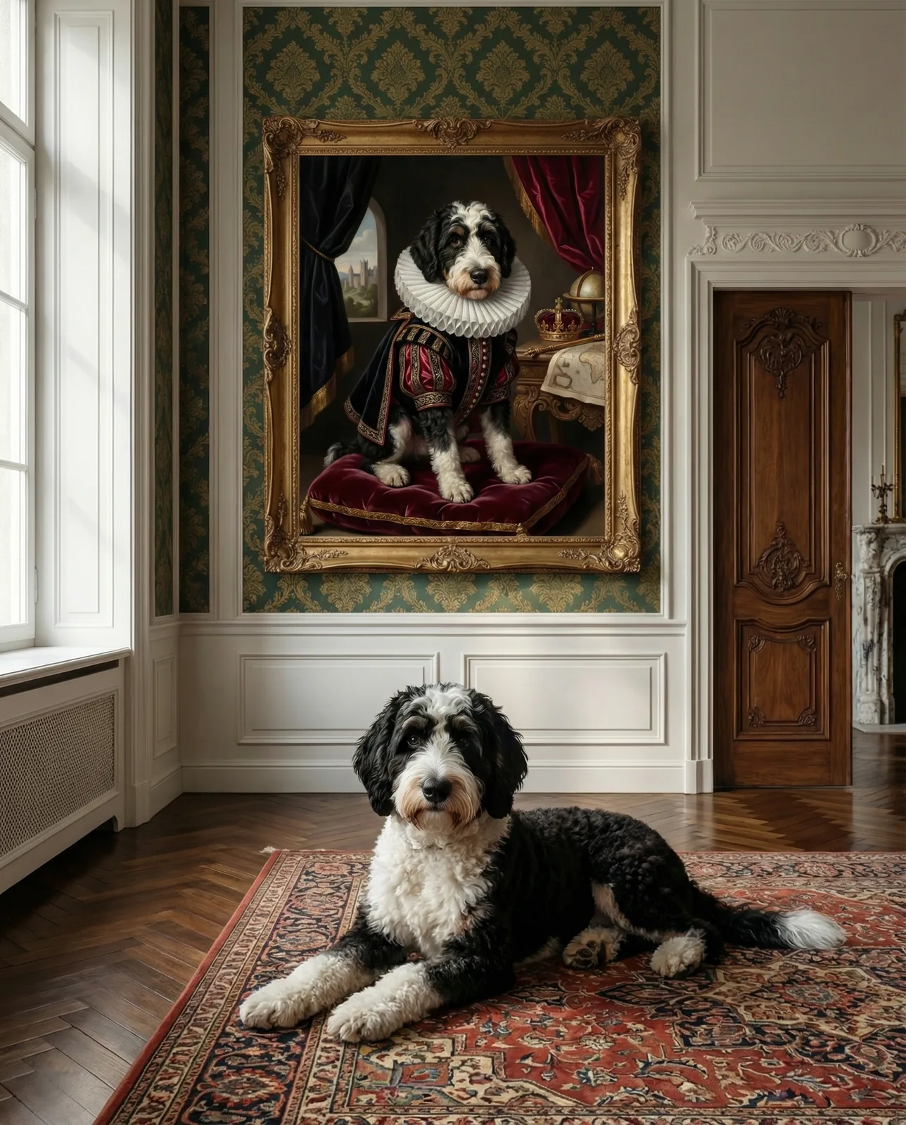 KI-Haustierportrait Beispiel — Hund als königliches Ölgemälde im historischen Stil