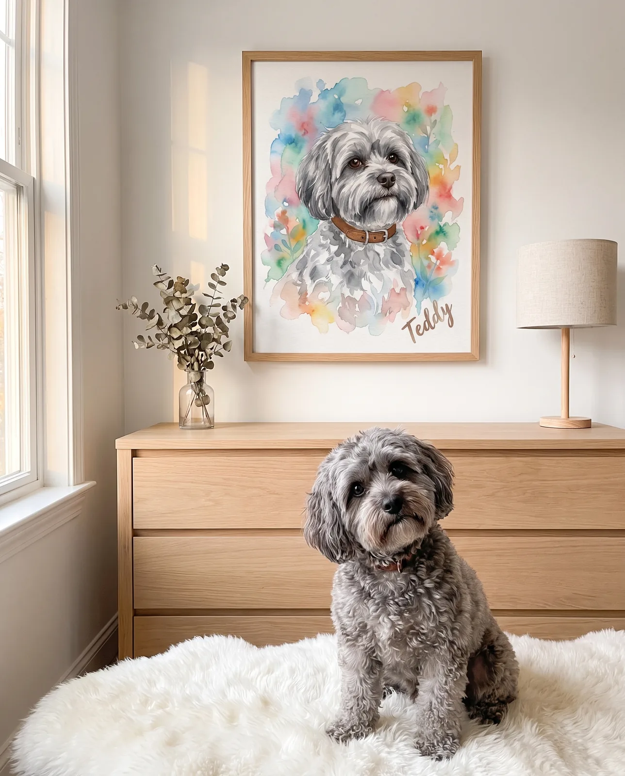 Aquarell-Hundeportrait mit Namen im Eichenrahmen über der Kommode — der graue Doodle sitzt auf dem Schaffell darunter