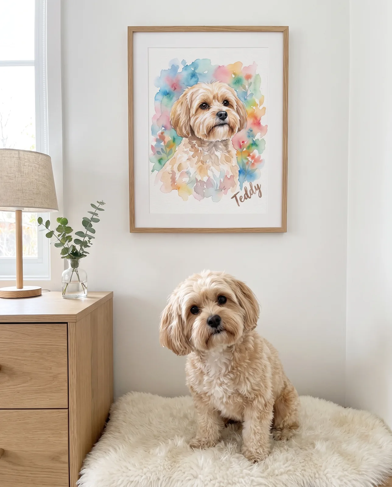 Aquarell-Hundeportrait mit Namen im Eichenrahmen im hellen Schlafzimmer — der Maltipoo sitzt auf dem Schaffell darunter
