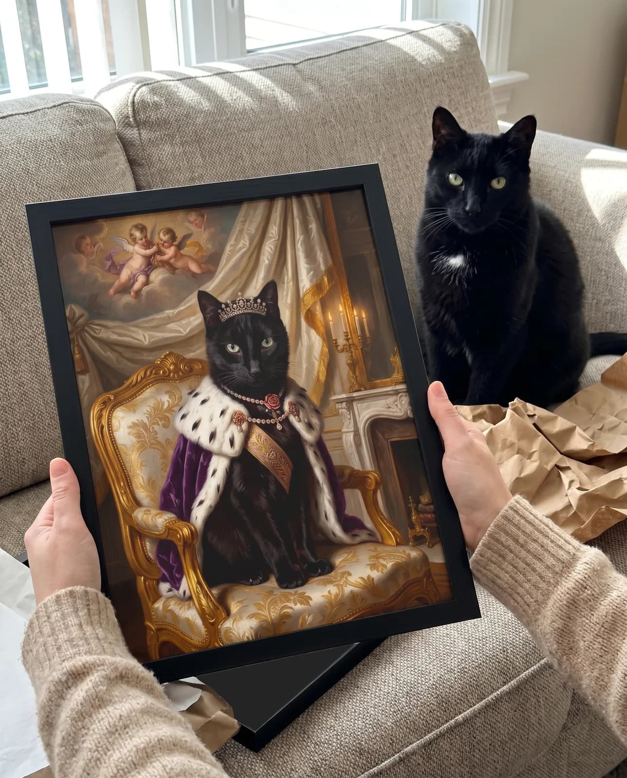 Barock Katzenportrait im schwarzen Rahmen frisch ausgepackt — die schwarze Katze schaut zu