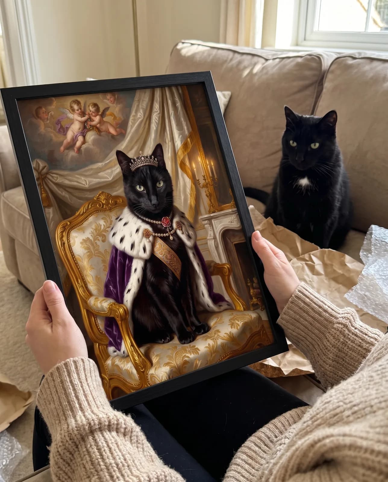 Barock Katzenportrait im schwarzen Rahmen — frisch ausgepackt, die schwarze Katze sitzt daneben auf dem Sofa
