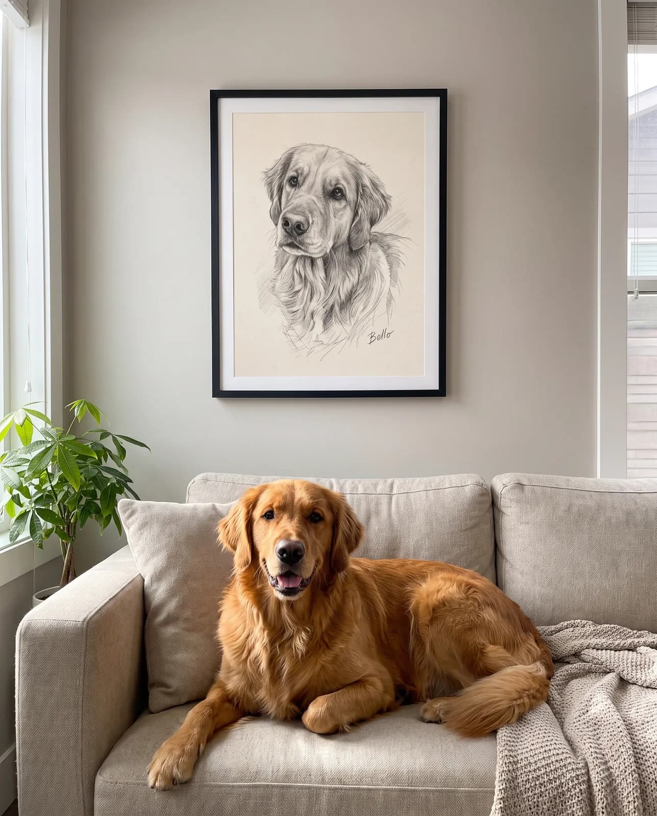 Bleistiftzeichnung Hundeportrait gerahmt über dem Sofa — der Golden Retriever liegt darunter
