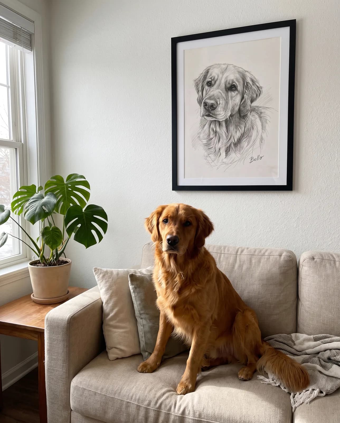 Bleistiftzeichnung Hundeportrait gerahmt an der Wohnzimmerwand — der Golden Retriever sitzt darunter auf dem Sofa