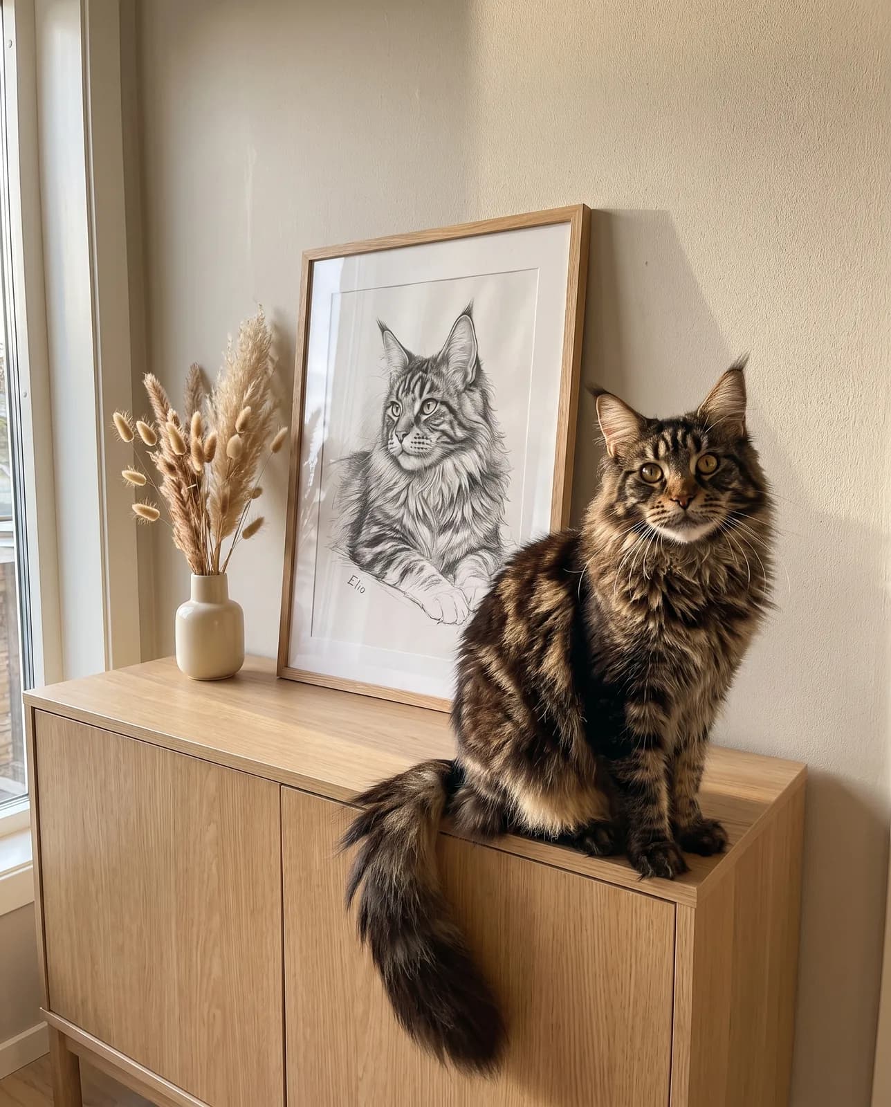 Bleistiftzeichnung Katzenportrait im Holzrahmen auf der Kommode — die Maine Coon sitzt daneben