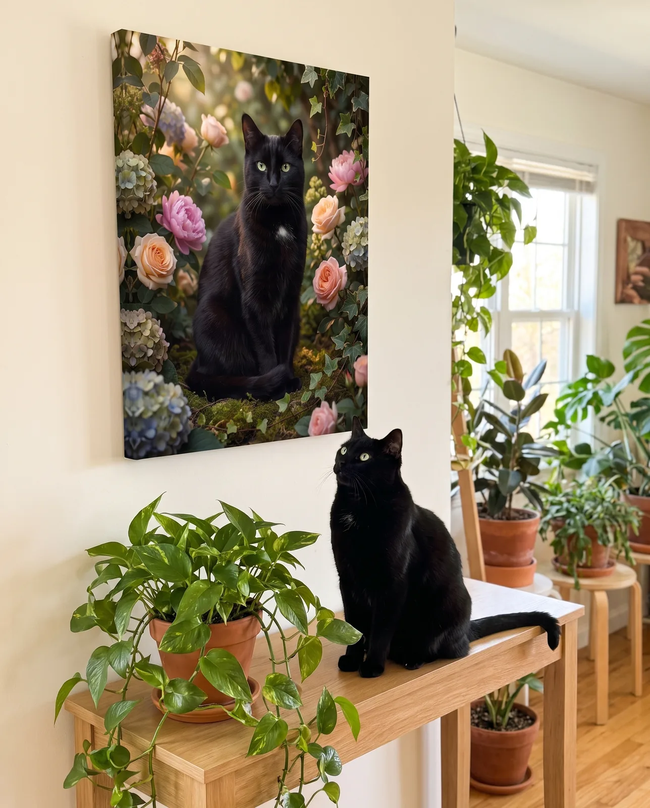 Botanisches Katzenportrait als Leinwand über dem Pflanzenregal — die schwarze Katze schaut hinauf