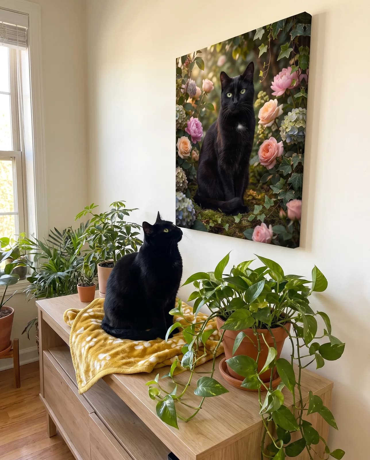 Botanisches Katzenportrait als Leinwand an der Wand — die schwarze Katze sitzt zwischen Zimmerpflanzen darunter