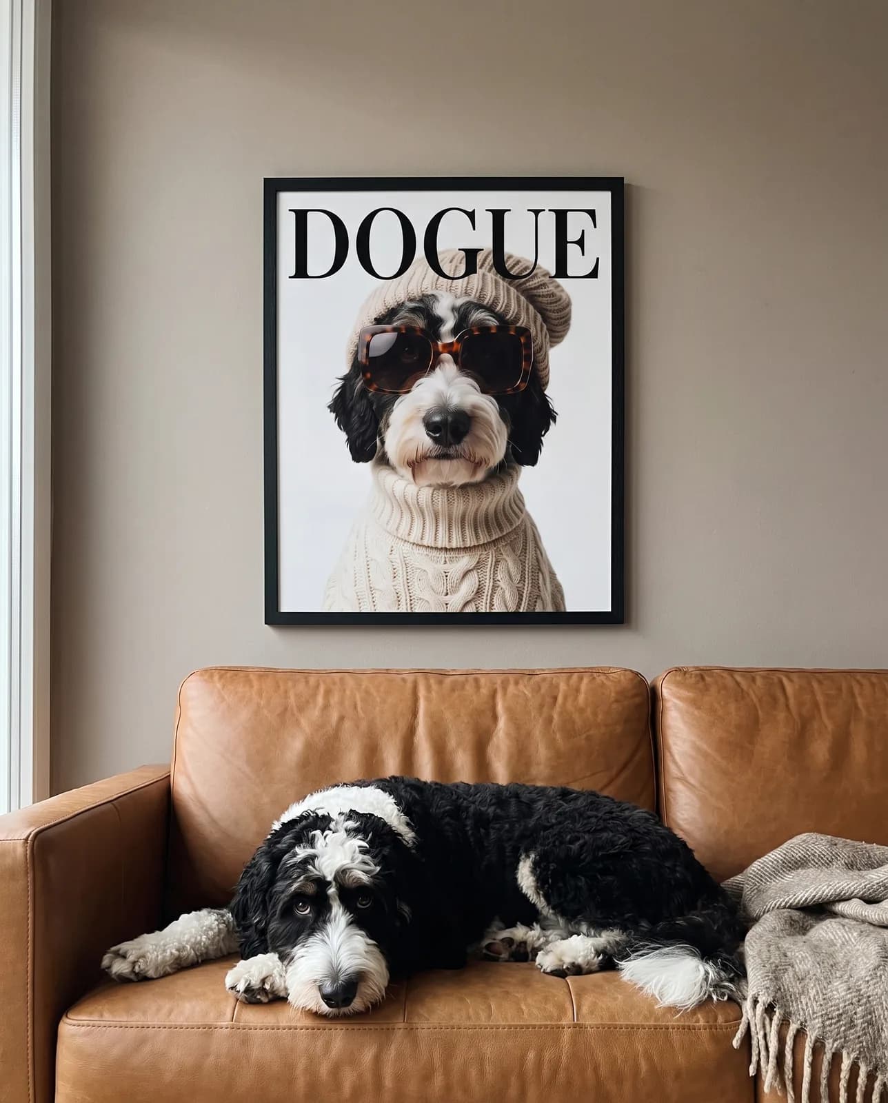 DOGUE Cover Hundeportrait im schwarzen Rahmen über dem Ledersofa — der Hund döst darunter