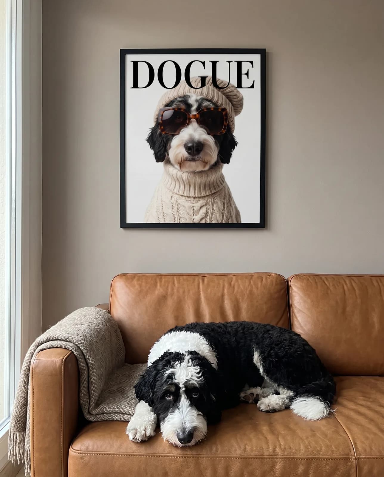 DOGUE Cover Hundeportrait im schwarzen Rahmen über dem Ledersofa — der Hund liegt darunter
