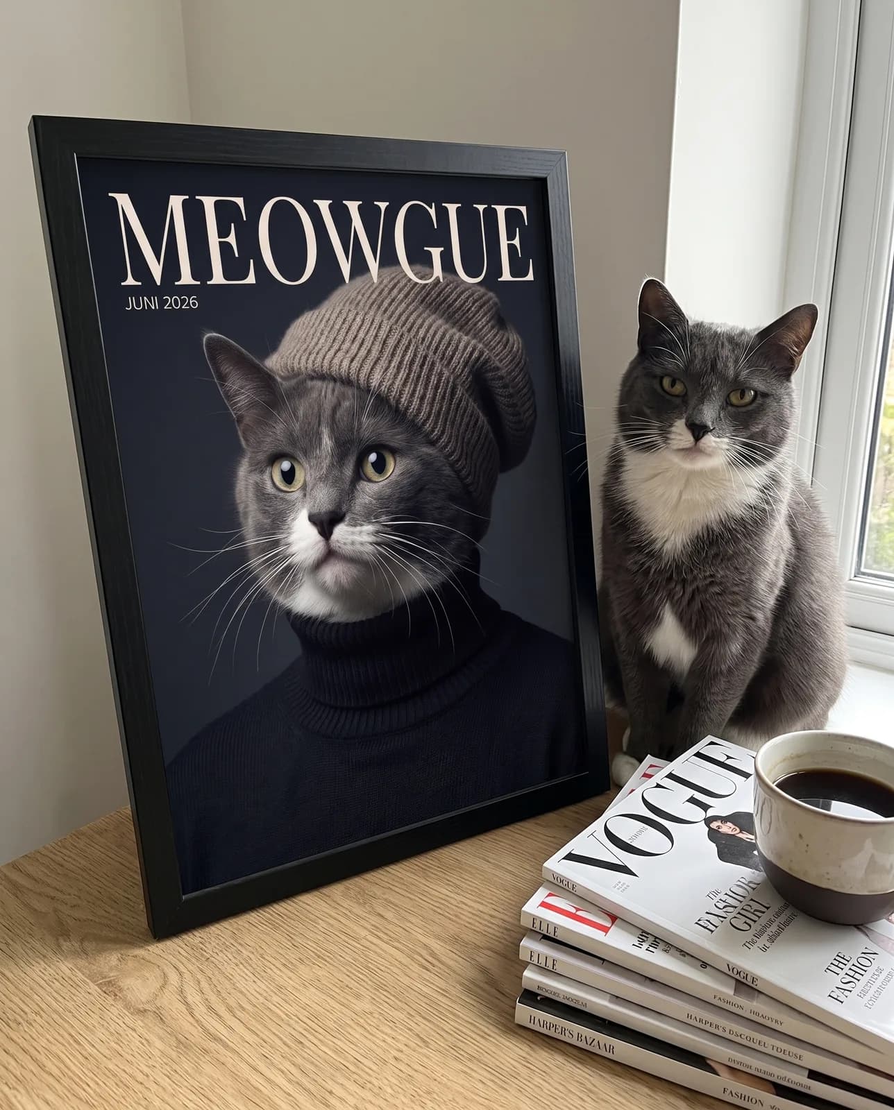 MEOWGUE Cover Katzenportrait im schwarzen Rahmen auf dem Schreibtisch — die Katze sitzt daneben