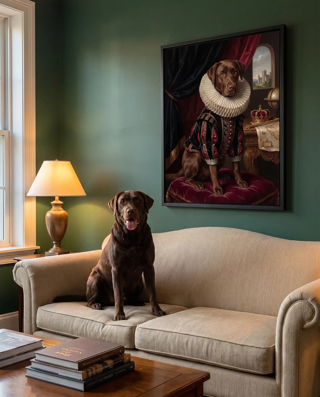 Elisabethanisches Hundeportrait an der grünen Wohnzimmerwand — der Labrador sitzt auf dem Sofa darunter