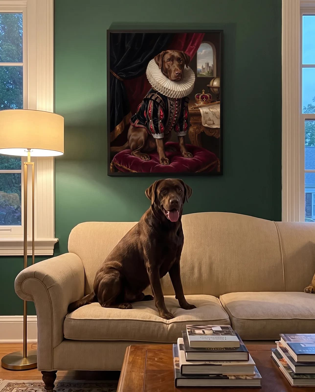 Elisabethanisches Hundeportrait gerahmt an der Wohnzimmerwand — der Labrador sitzt darunter auf dem Sofa
