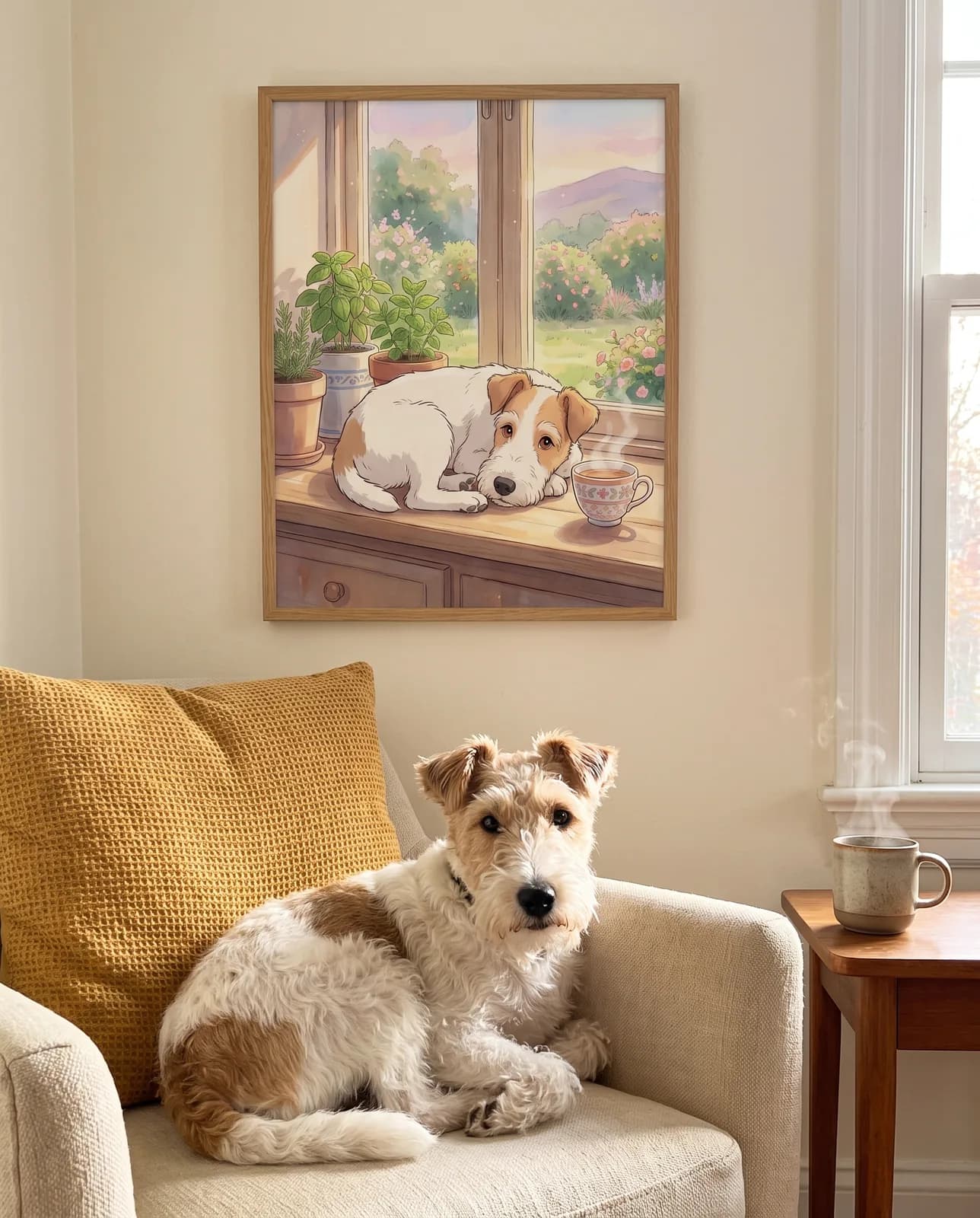 Ghibli-Stil Hundeportrait im Holzrahmen über dem Sessel — der Foxterrier liegt darauf