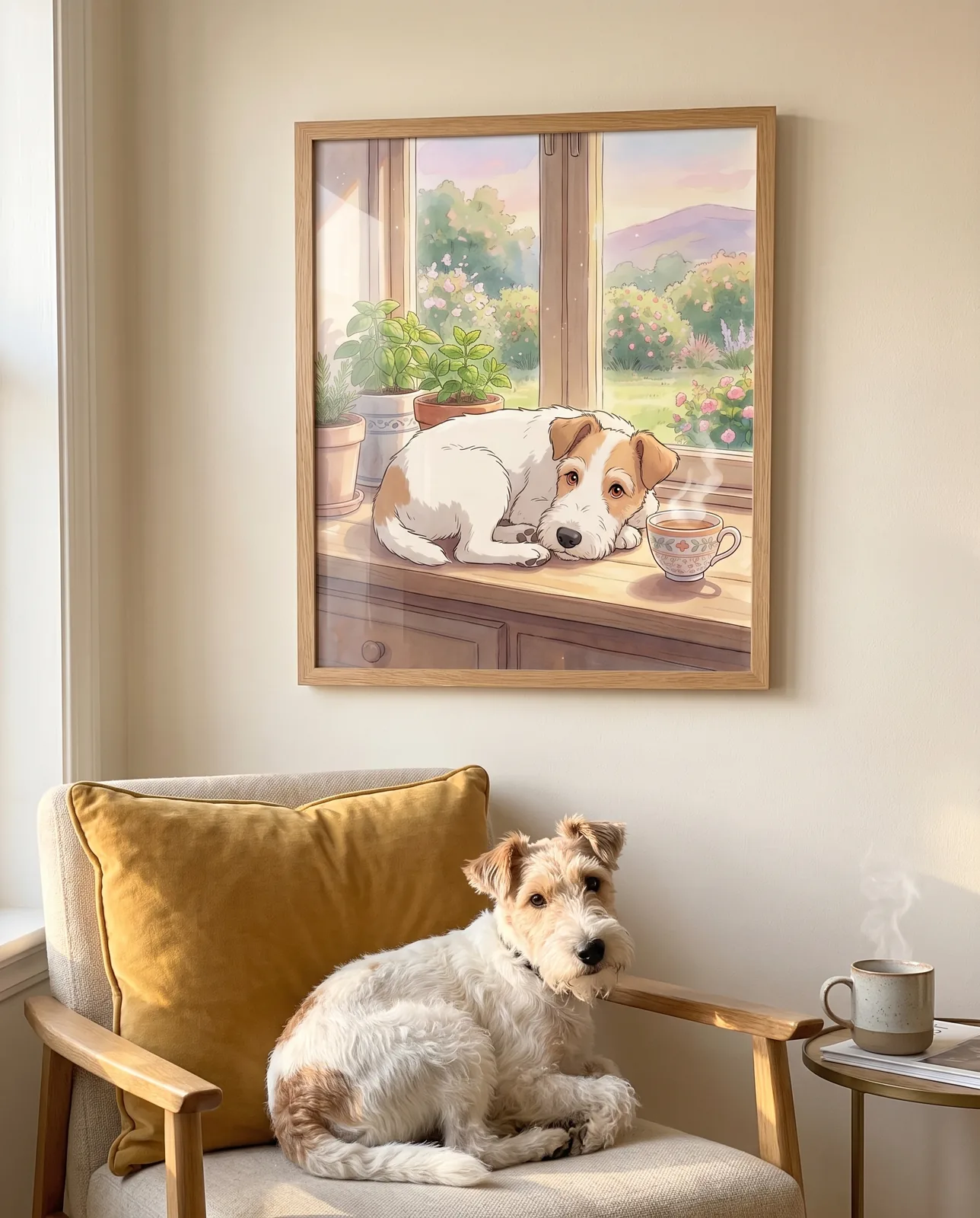 Ghibli-Stil Hundeportrait im Holzrahmen über dem Sessel — der Foxterrier liegt darunter