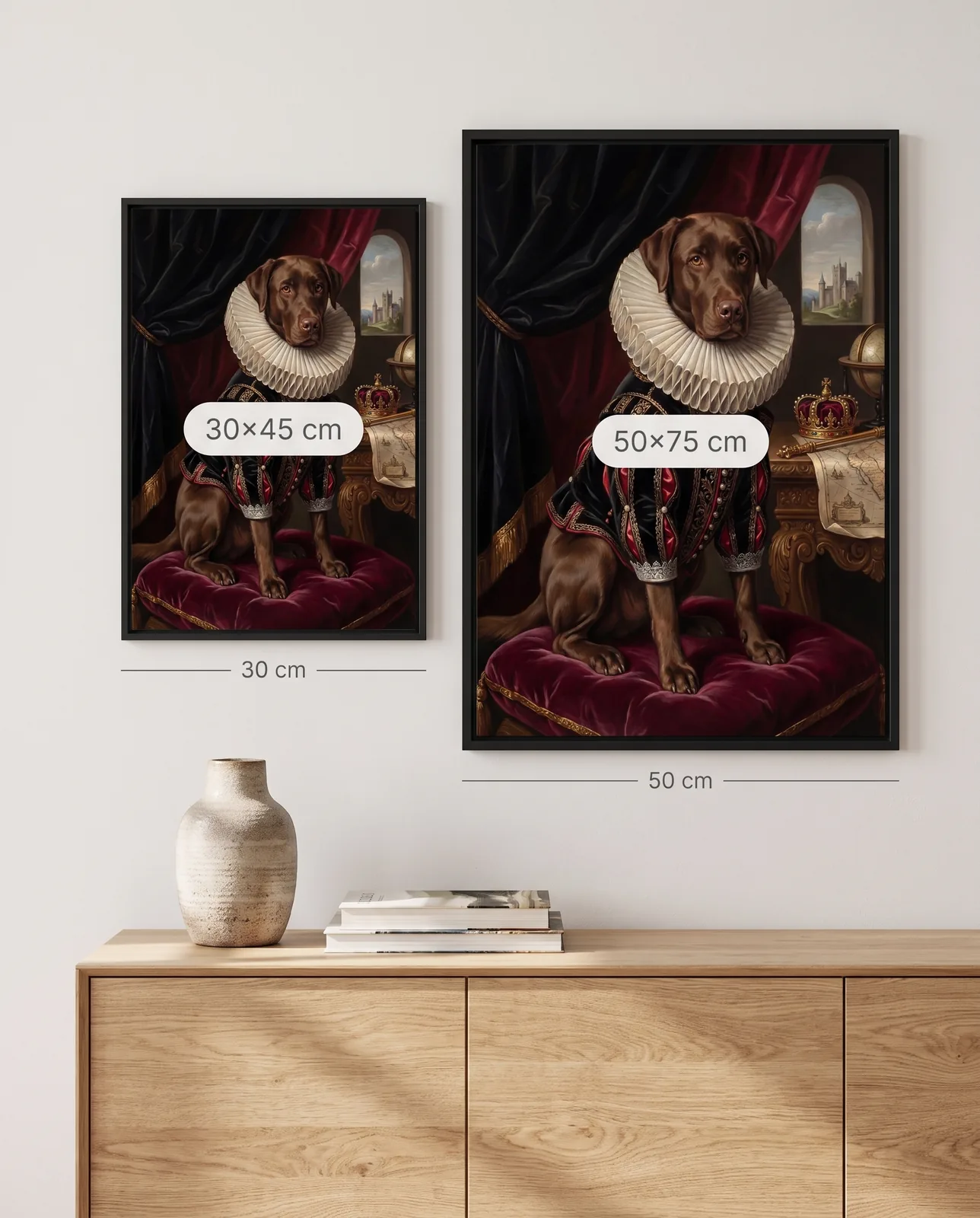 Größenvergleich Gerahmte Leinwand: 30×45 und 50×75 cm maßstäblich an der Wand