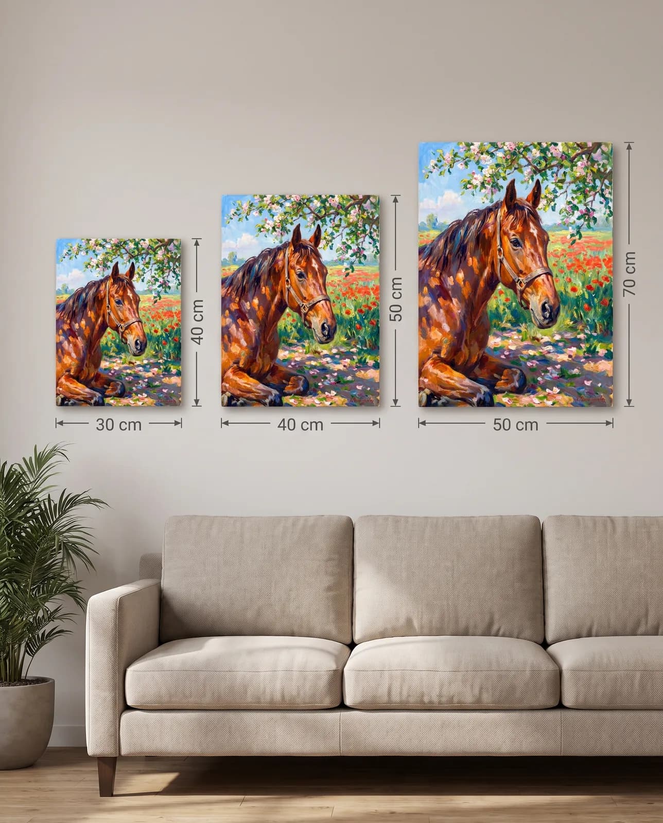Größenvergleich Leinwand: 30×40, 40×50 und 50×70 cm maßstäblich über einem Sofa