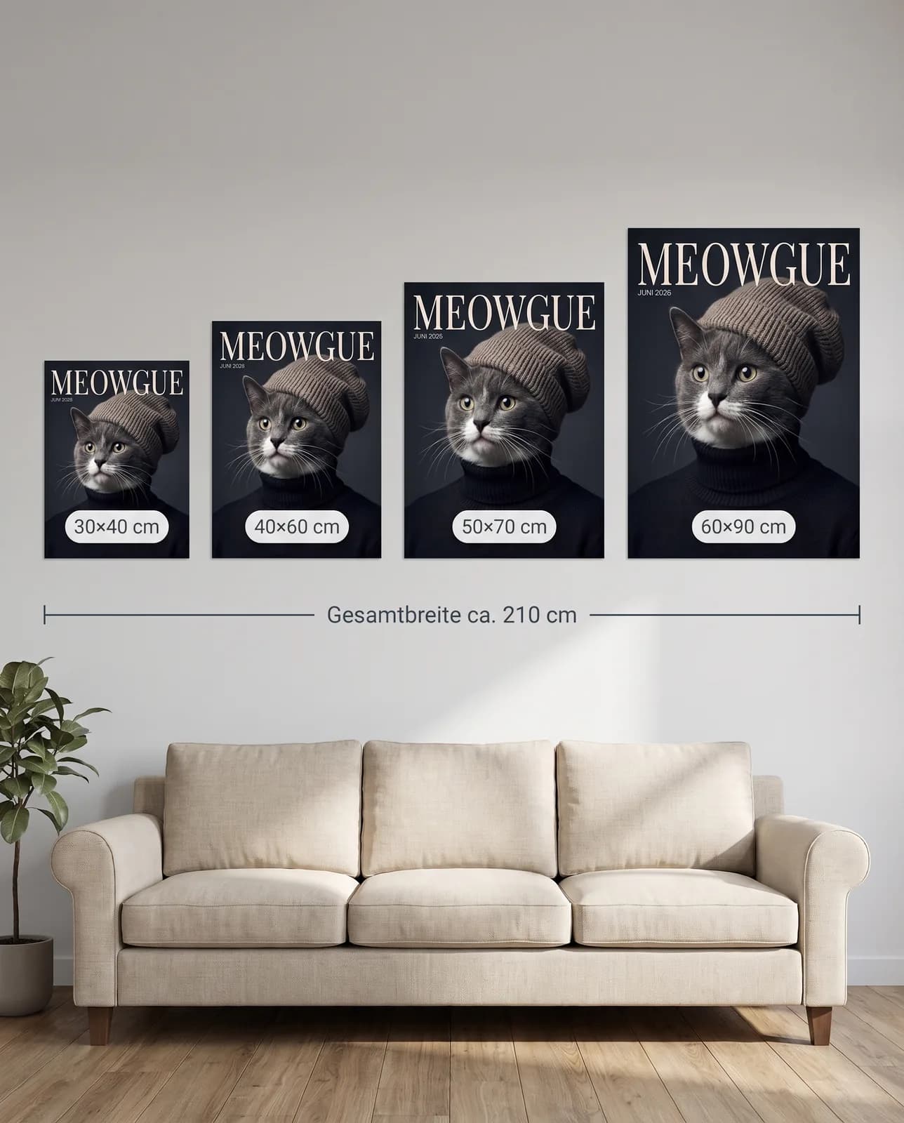 Größenvergleich Fine Art Print: 30×40, 40×60, 50×70 und 60×90 cm maßstäblich über einem Sofa