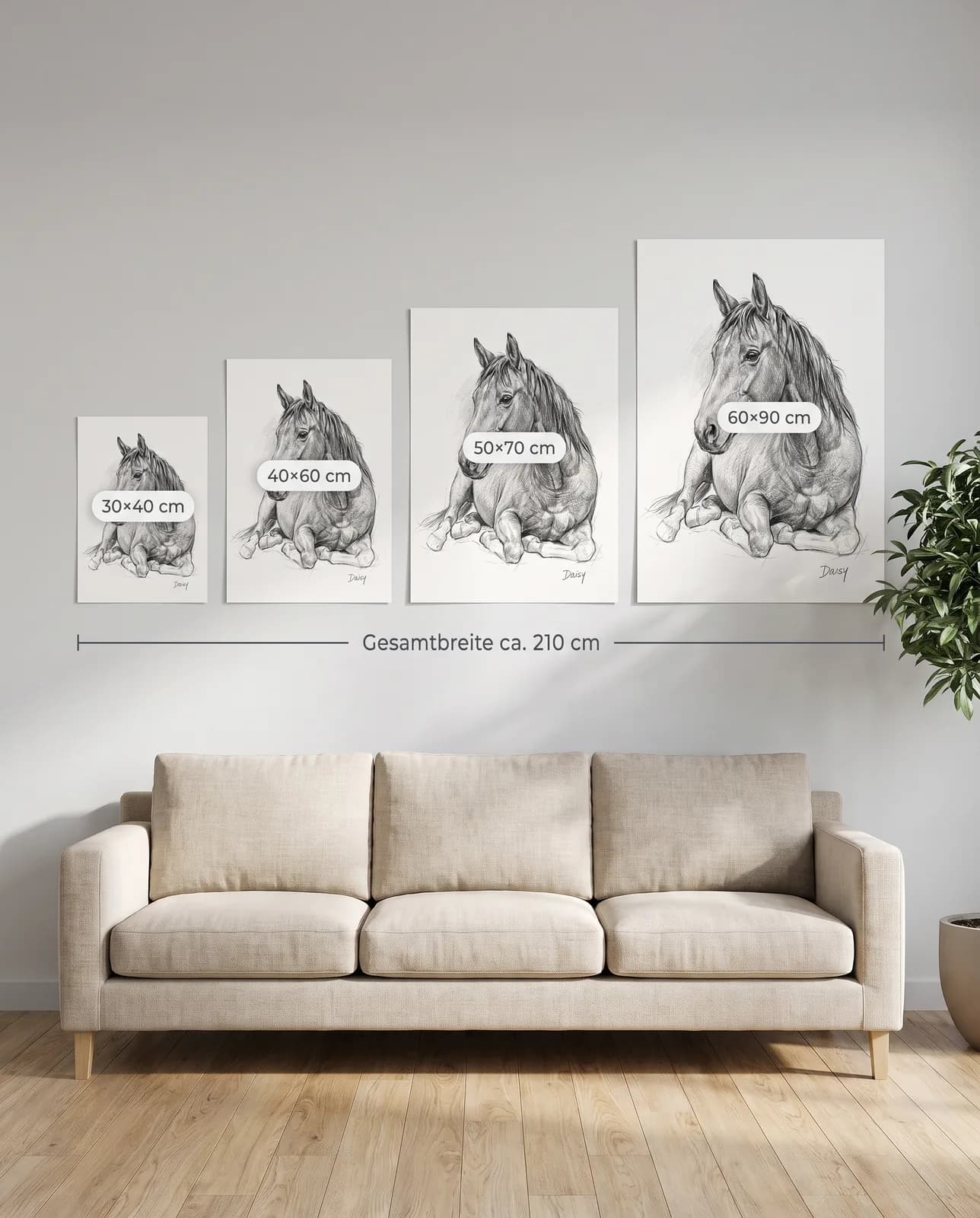Größenvergleich Museums-Edition: 30×40, 40×60, 50×70 und 60×90 cm maßstäblich über einem Sofa
