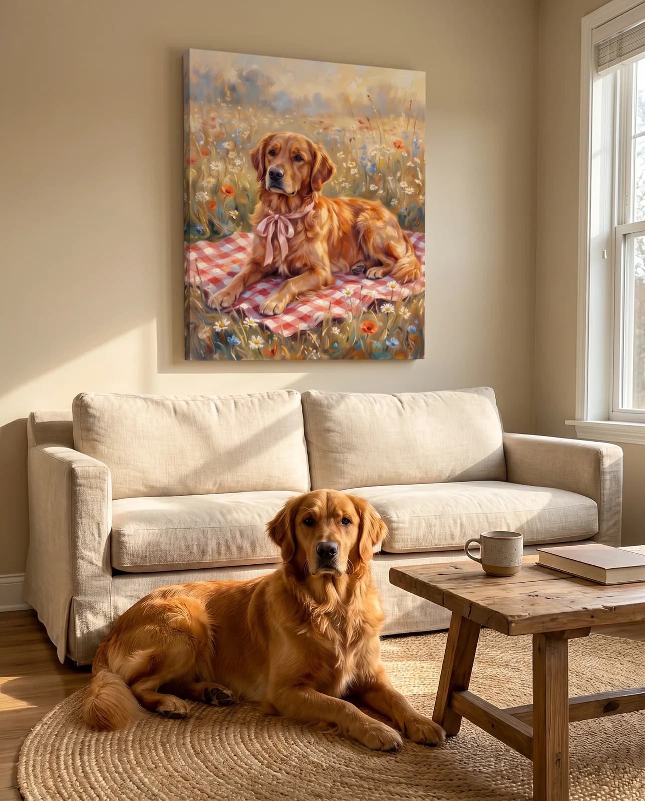 Impressionistisches Hundeportrait als Leinwand über dem Sofa — der Golden Retriever liegt im Wohnzimmer darunter