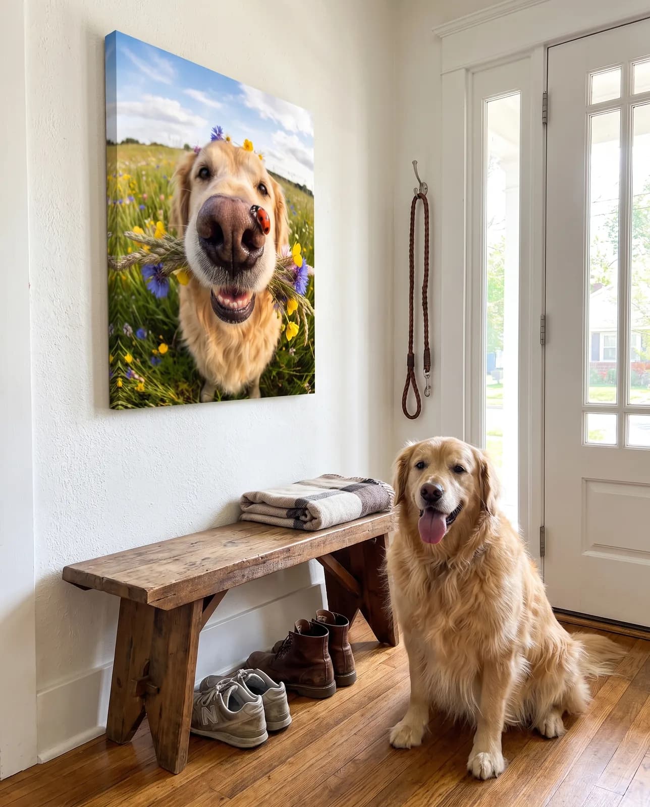 Lustiges Tierportrait als Leinwand im Flur — der Golden Retriever sitzt strahlend davor