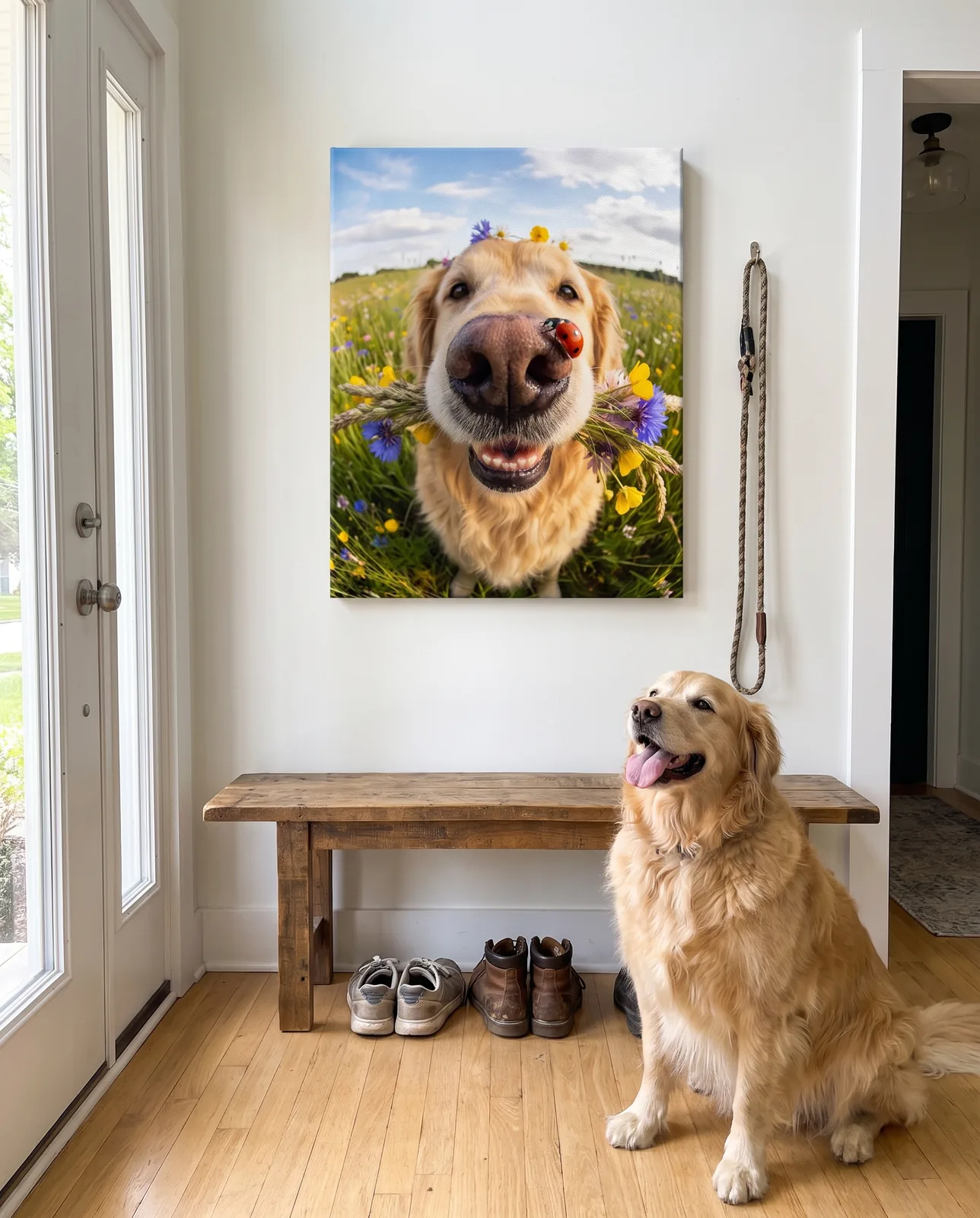Lustiges Tierportrait als Leinwand im Flur — der Golden Retriever sitzt strahlend davor