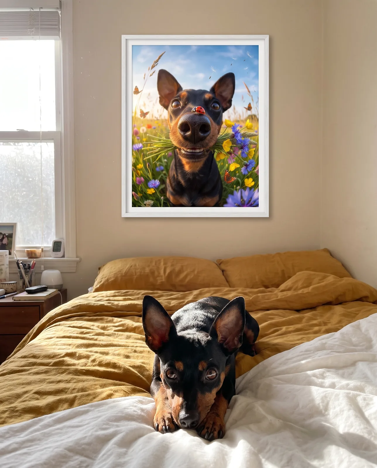 Lustiges Tierportrait im weißen Rahmen über dem Bett — der Pinscher liegt auf der Bettdecke darunter
