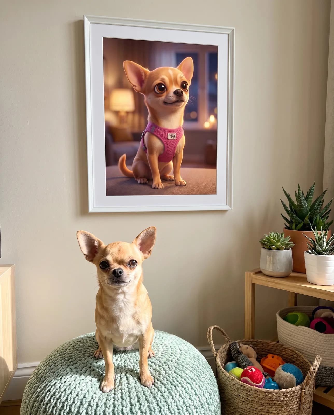 Pixar-Stil Hundeportrait im weißen Rahmen — der Chihuahua sitzt auf dem Pouf neben seinem Spielzeugkorb
