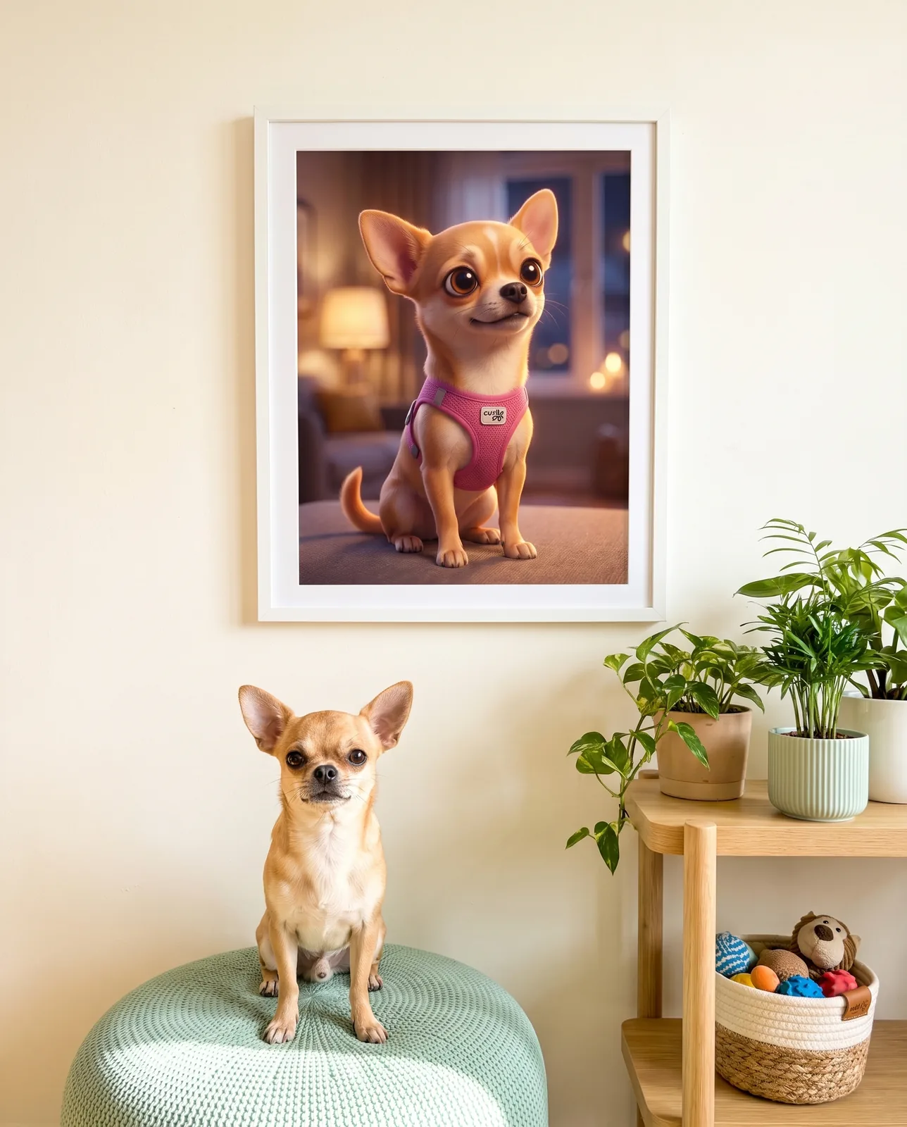 Pixar-Stil Hundeportrait im weißen Rahmen an der Wand — der Chihuahua sitzt auf dem Pouf darunter