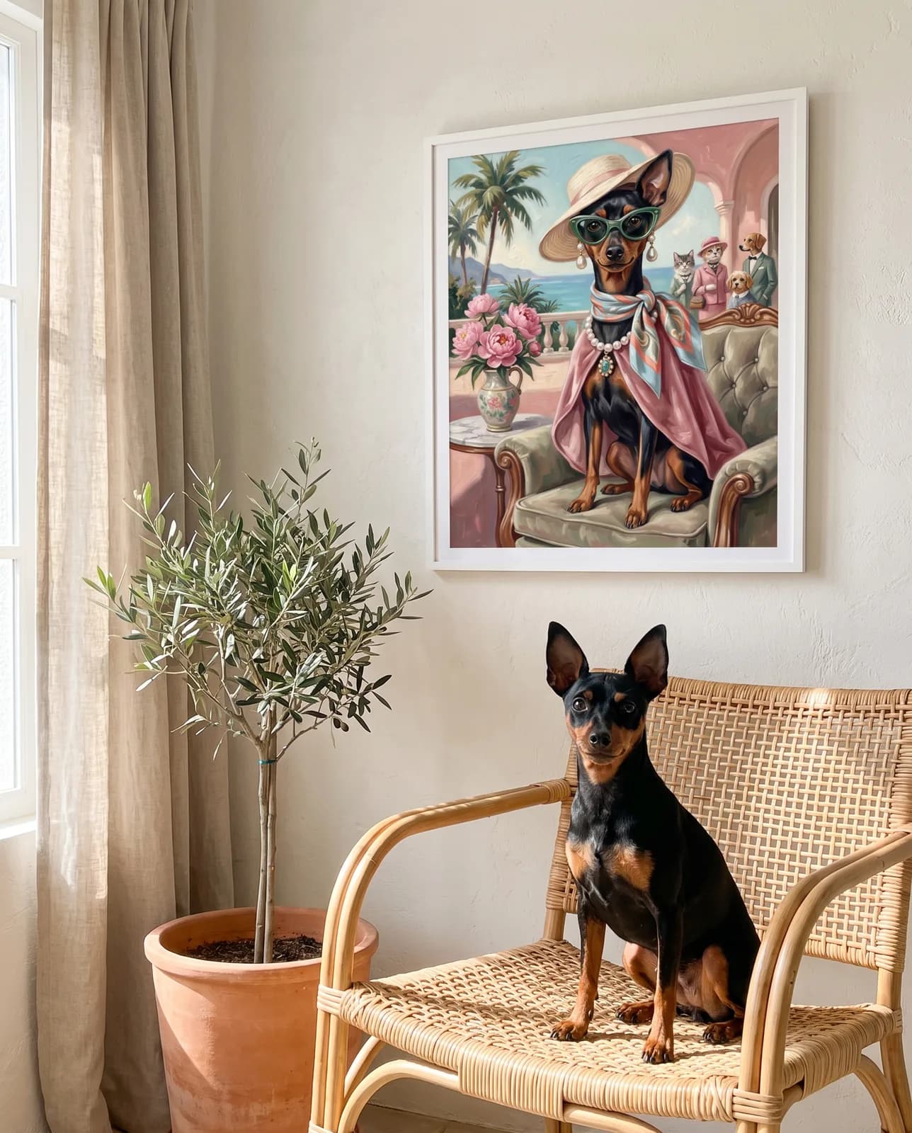 Mid-Century Riviera Hundeportrait im weißen Rahmen — der Pinscher sitzt auf dem Korbstuhl darunter