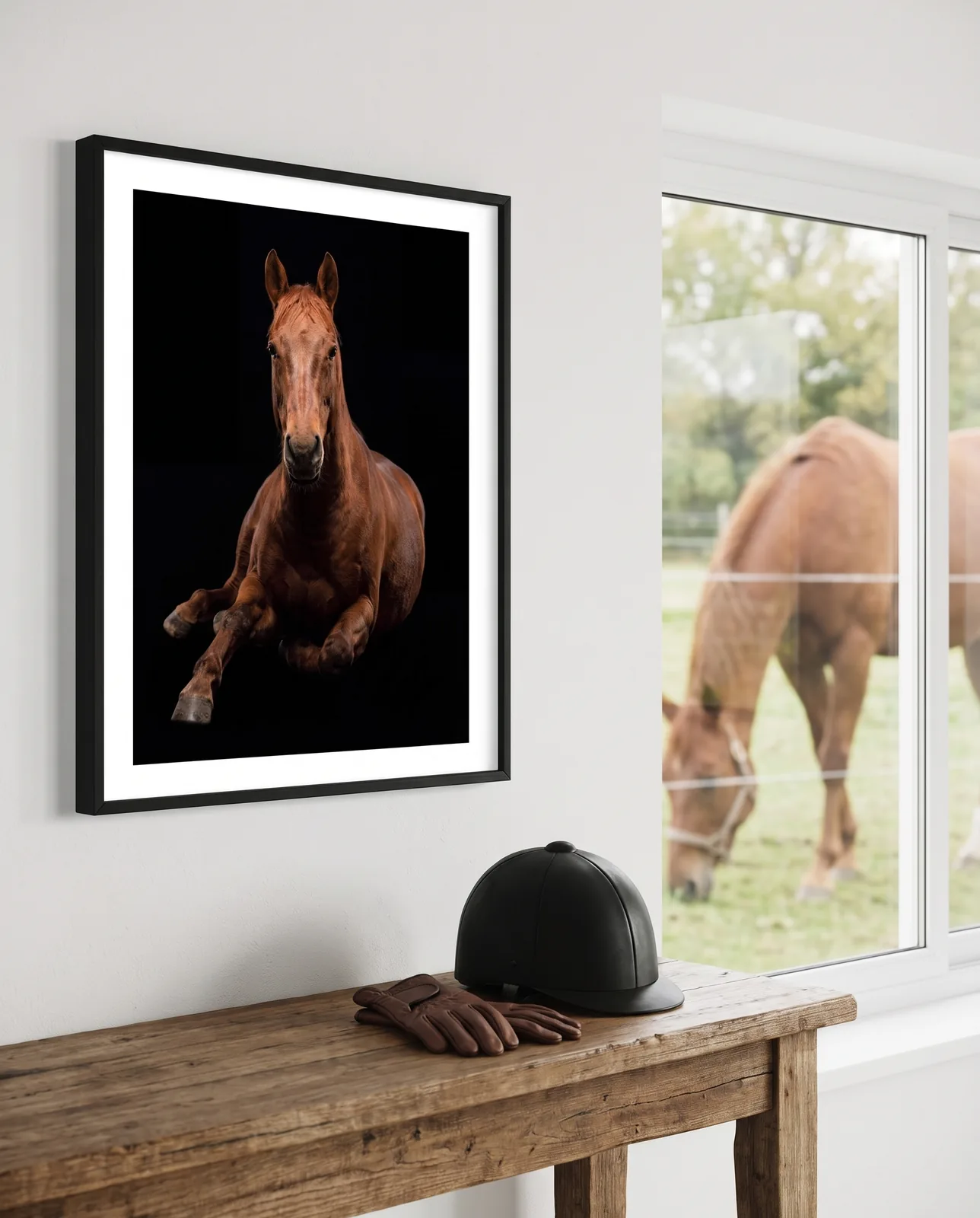 Studio-Pferdeportrait mit Passepartout im Eingangsbereich — draußen grast das Pferd