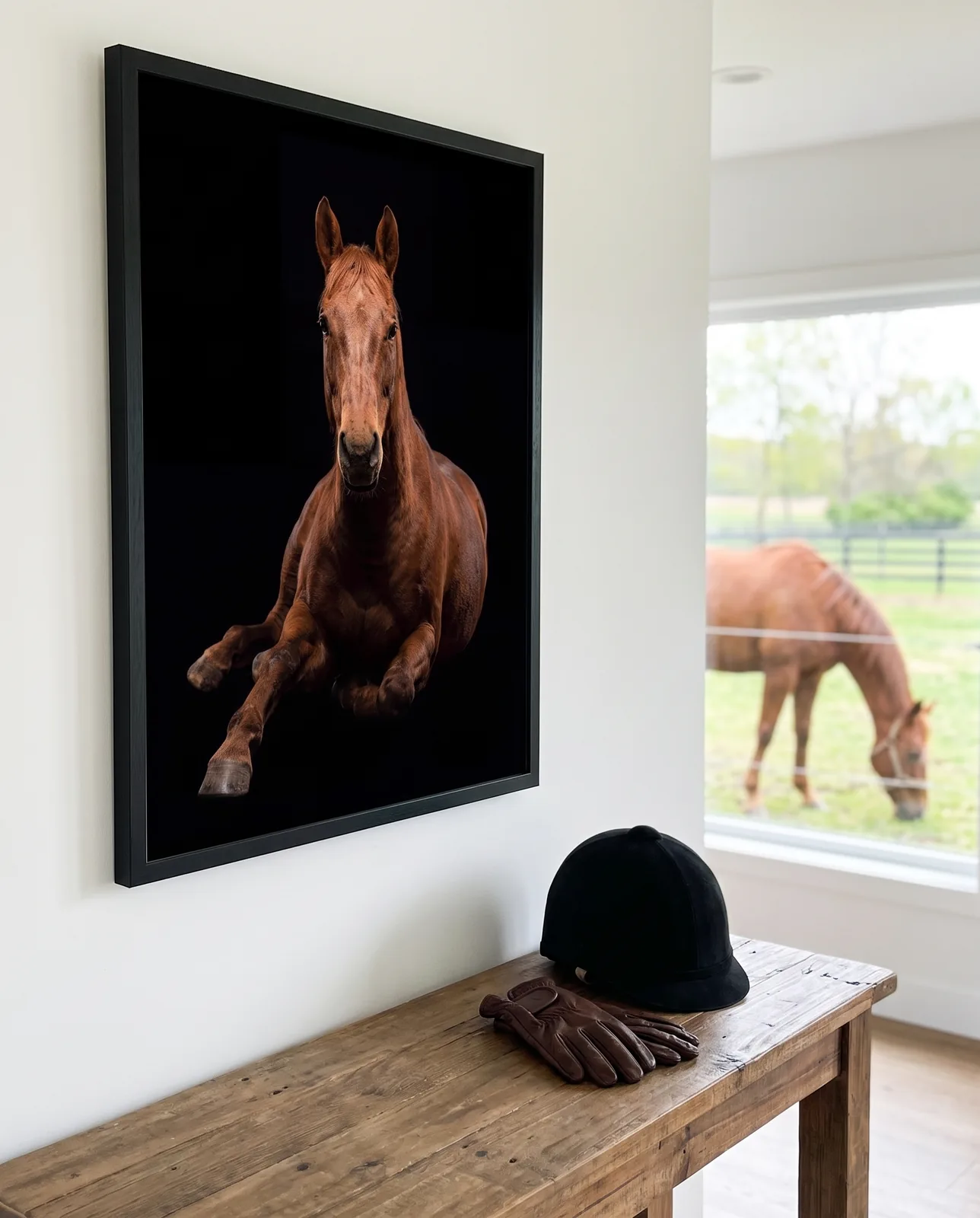 Studio-Pferdeportrait vor schwarzem Hintergrund, gerahmt im Eingangsbereich mit Blick auf die Koppel