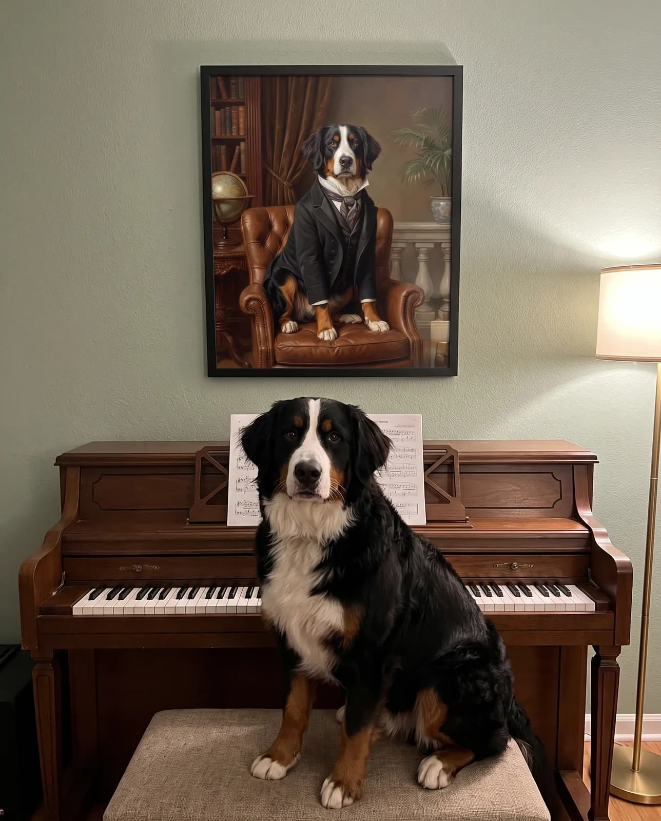 Viktorianisches Hundeportrait im schwarzen Rahmen über dem Klavier — der Berner Sennenhund sitzt auf der Klavierbank darunter