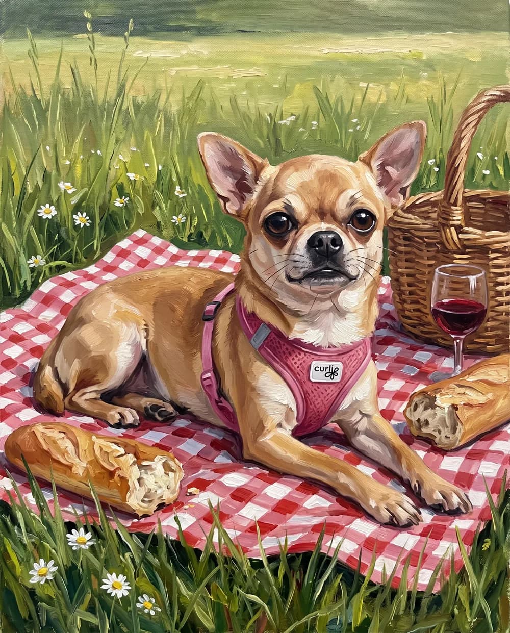 Chihuahua beim Picknick auf karierter Decke als Ölgemälde, witziges Hundeportrait nach Foto