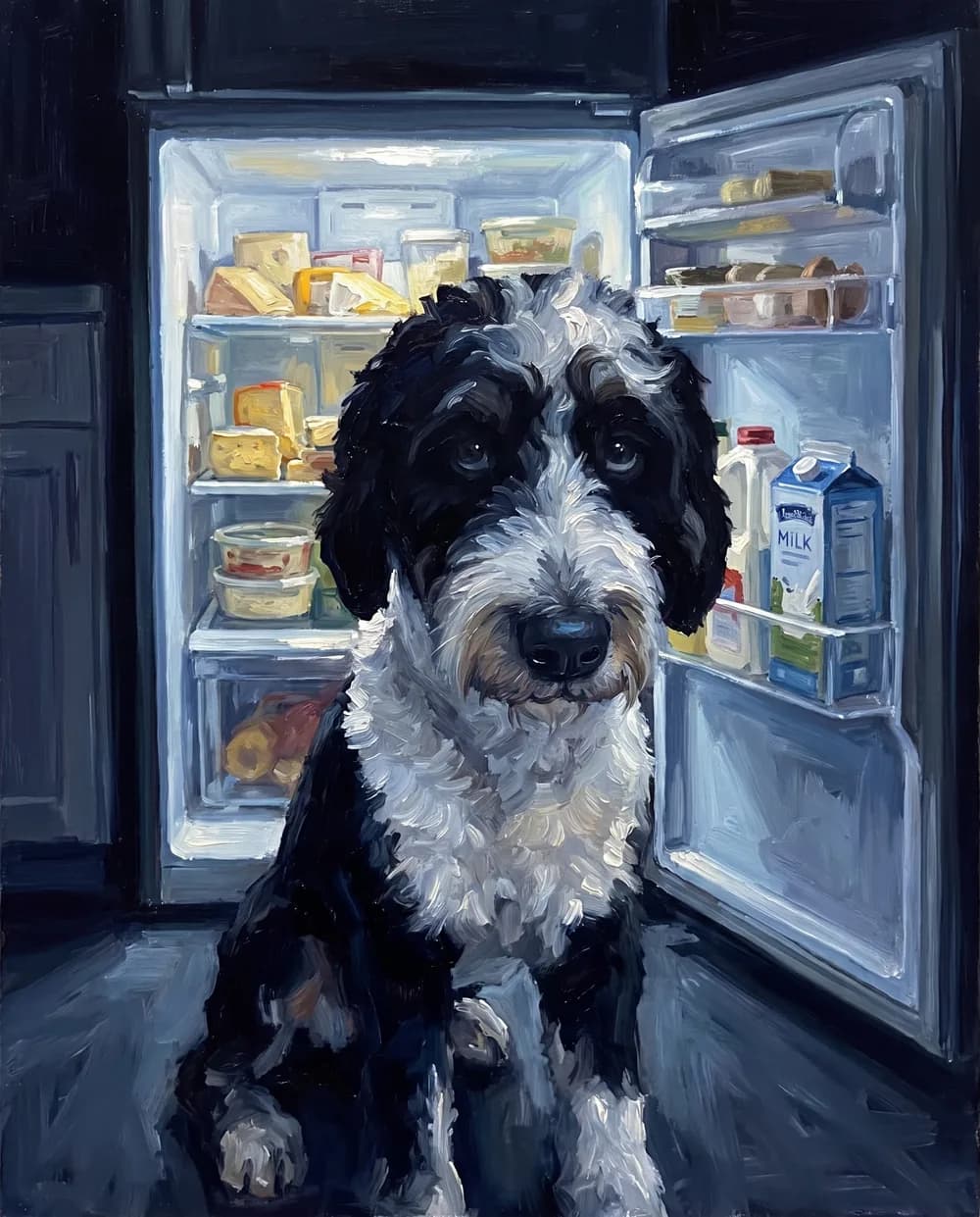 Doodle vor dem offenen Kühlschrank als Ölgemälde, witziges Hundeportrait nach Foto