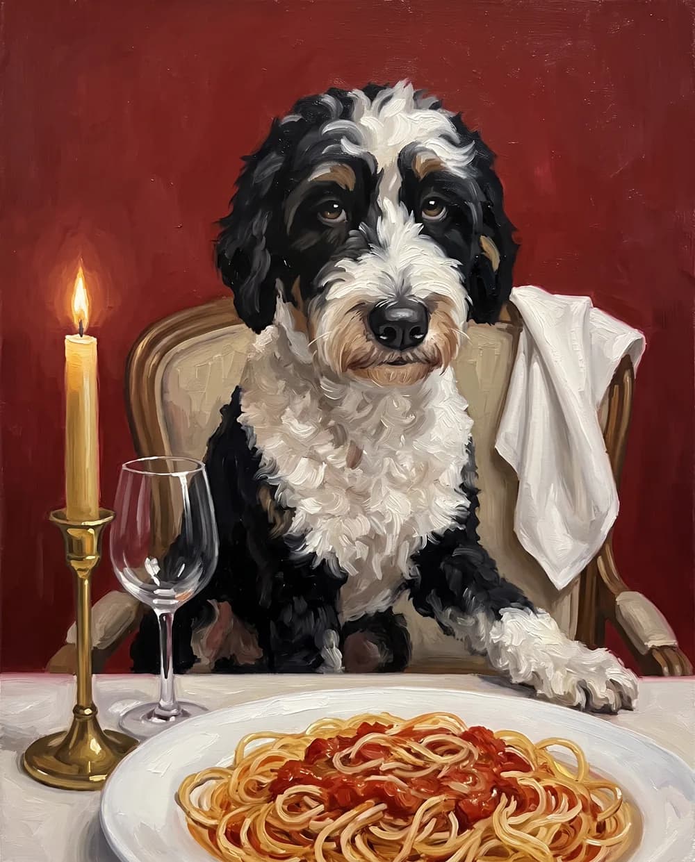 Doodle beim Pasta-Abend mit Kerzenlicht als Ölgemälde, witziges Hundeportrait nach Foto
