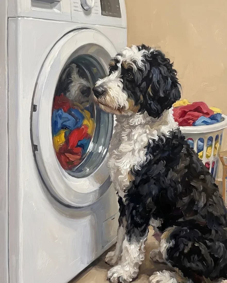 Doodle schaut in die Waschmaschine als Ölgemälde, witziges Hundeportrait nach Foto