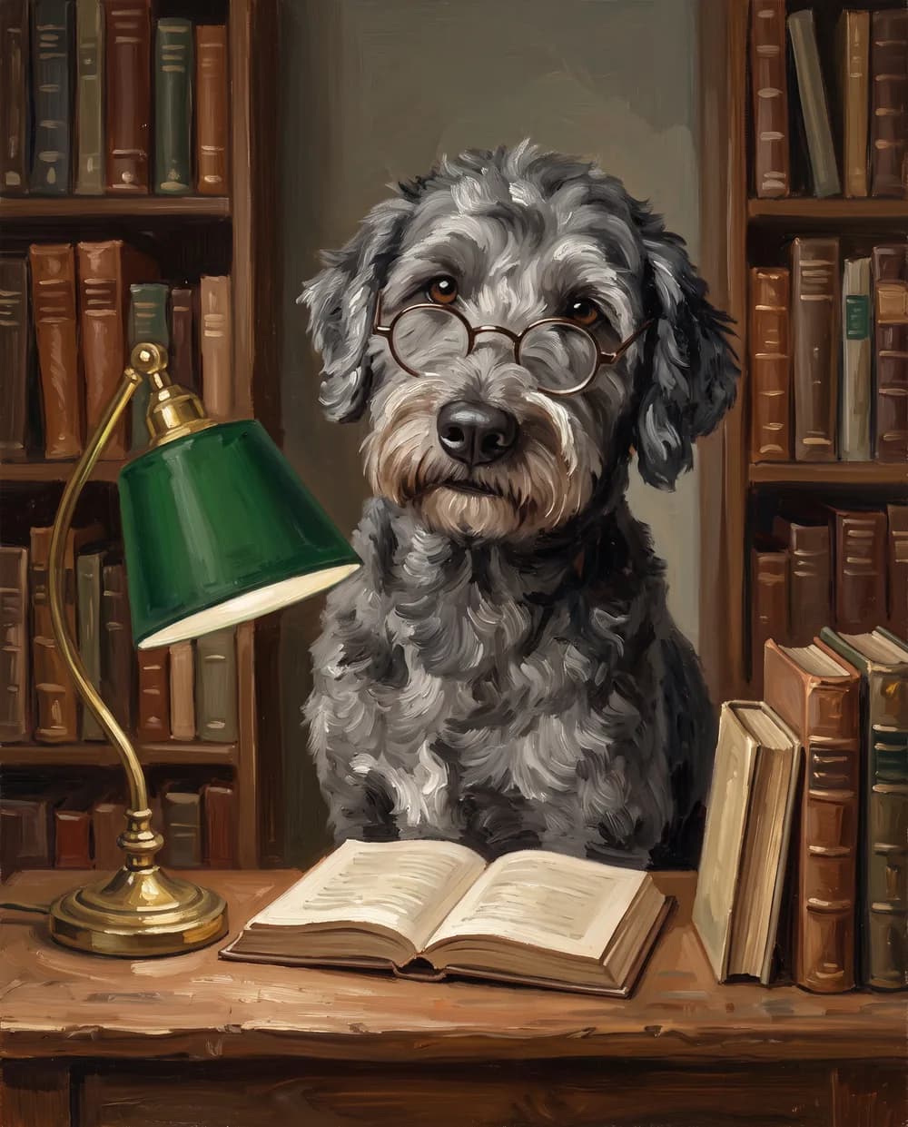 Labradoodle mit Brille am Schreibtisch in der Bibliothek als Ölgemälde, witziges Hundeportrait nach Foto