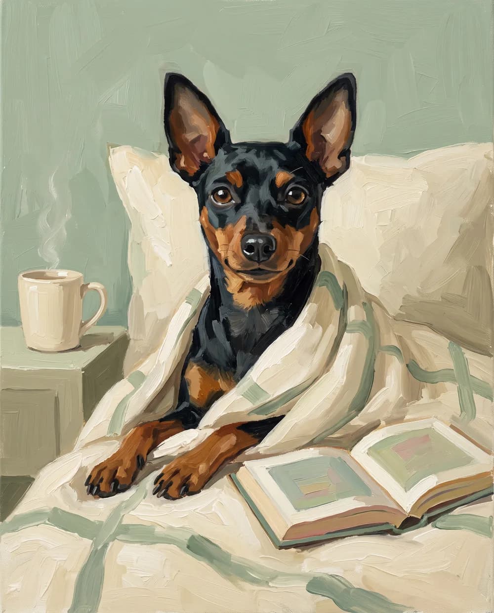 Zwergpinscher liest im Bett unter der Decke als Ölgemälde, witziges Hundeportrait nach Foto